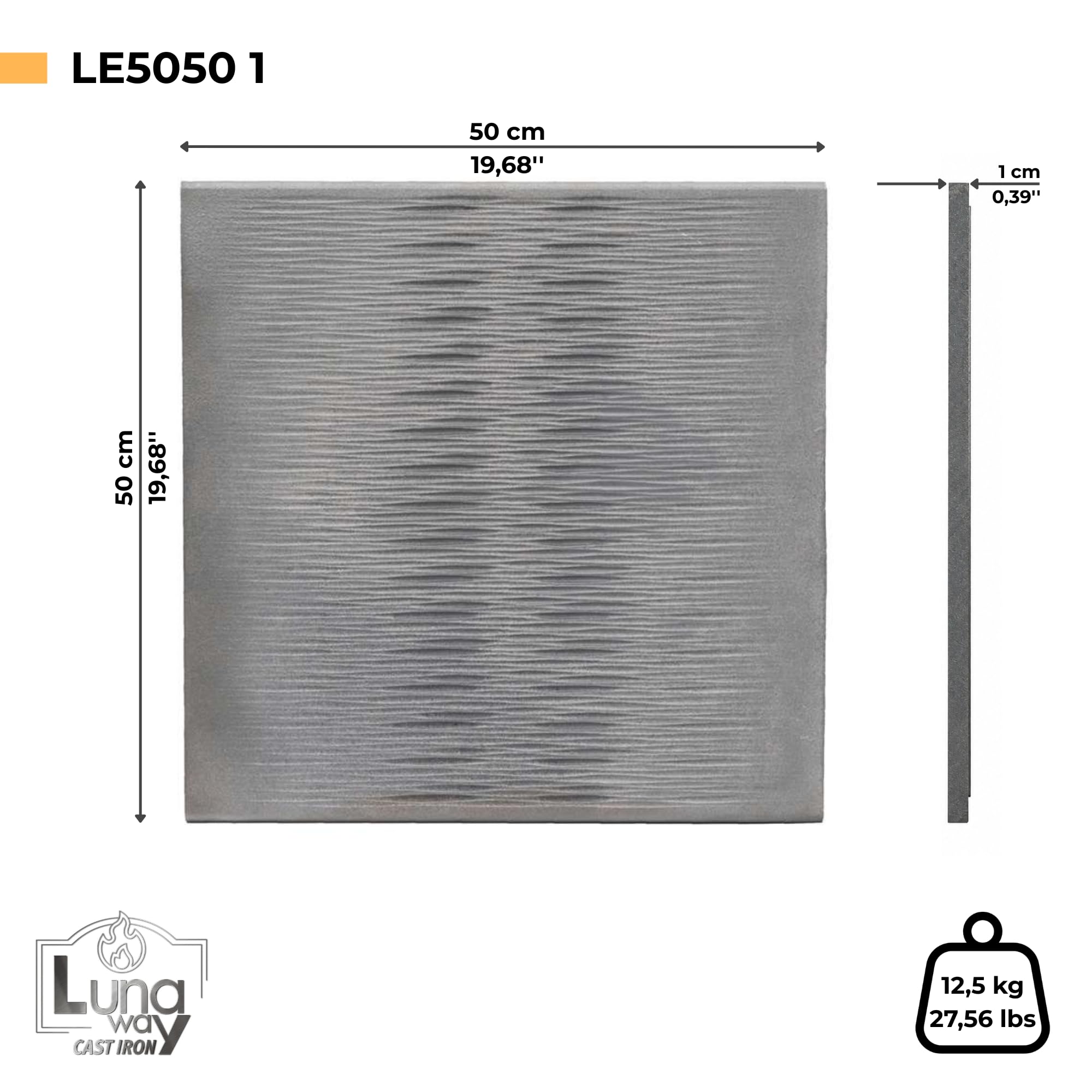 Lunaway - Placa de chimenea Edge de hierro fundido | Grosor 1 cm (50 x 50 cm)