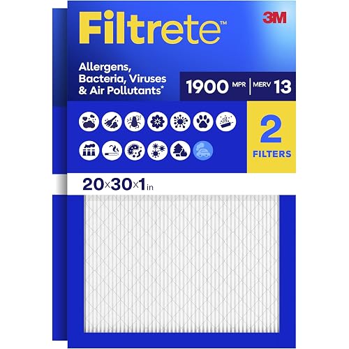Filtrete 20x30x1 Air Filter, MERV 13 MPR 1900, Allergens, Bacteria, Viruses & Air Pollutants, 3-Month AC/Furnace Filters, Cleaner Air Reliable Airflow, 2 HVAC Filters(Act Size 19.62x29.62x0.78 in)