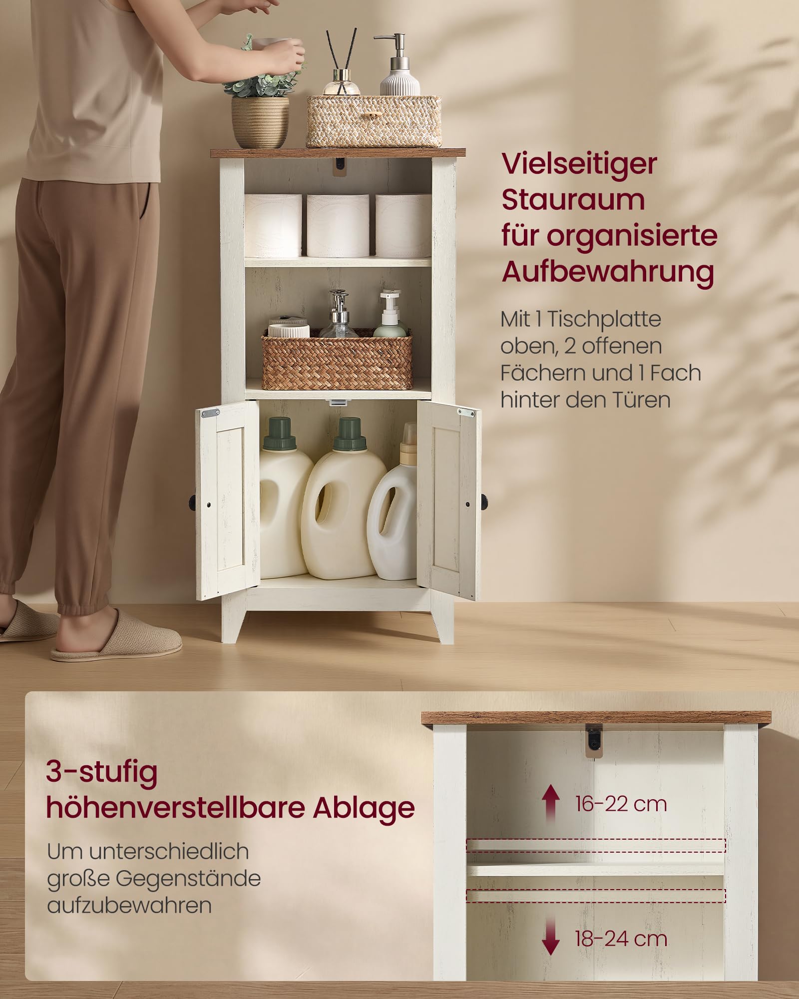 VASAGLE LIRY Kollektion - Badezimmerschrank im Landhausstil, Schrank, Badschrank schmal, offene Fächer, mit Türen, für Badezimmer, vintageweiß-honigbraun BBK313W101