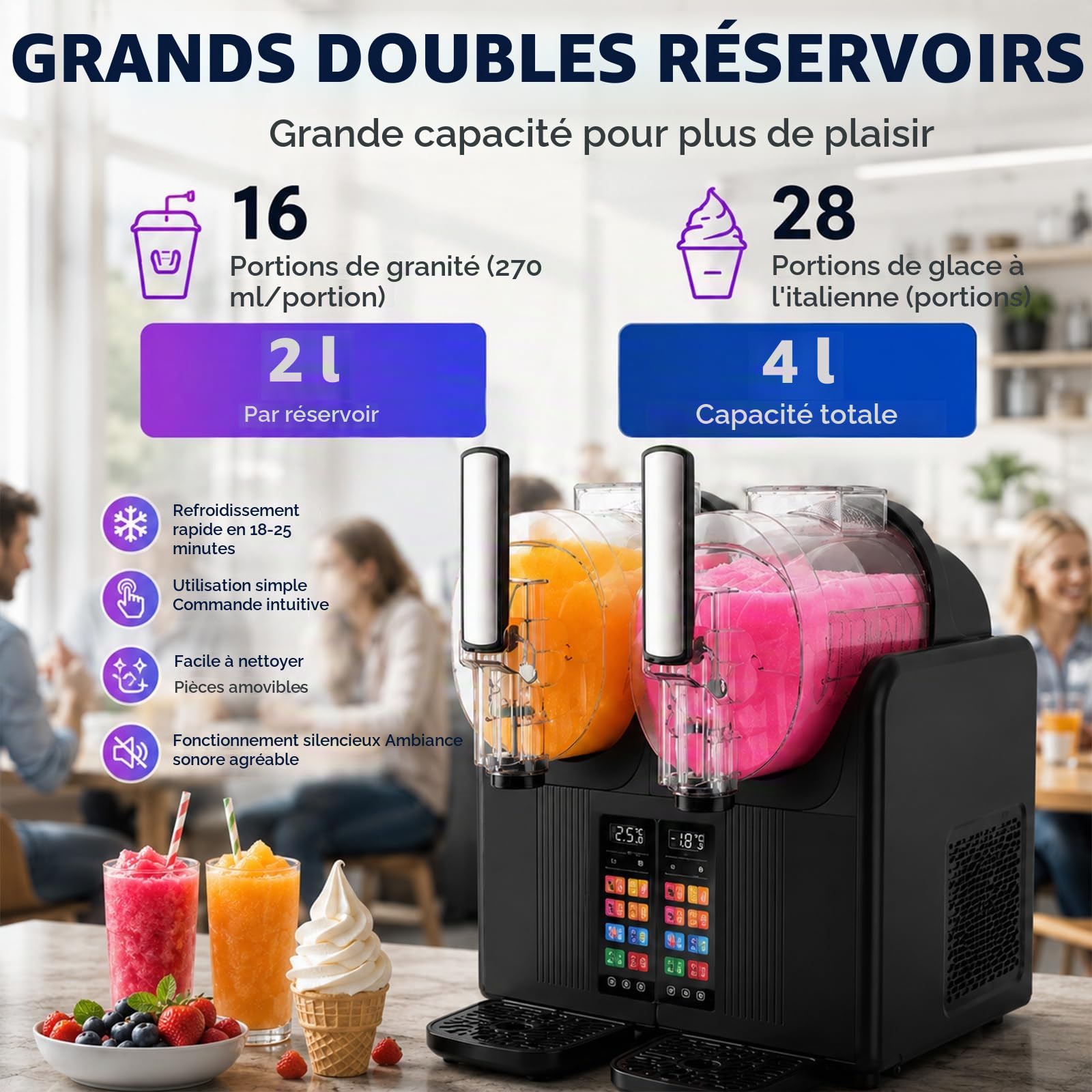 Machine à Granita Et Sorbetière 2 En 1, 7 Programmes Prédéfinis, Double Réservoir, Pour Margaritas, Frappés, Milkshakes Plus Encore, Autonettoyage, Pour Usage Domestique Et Professionnel White