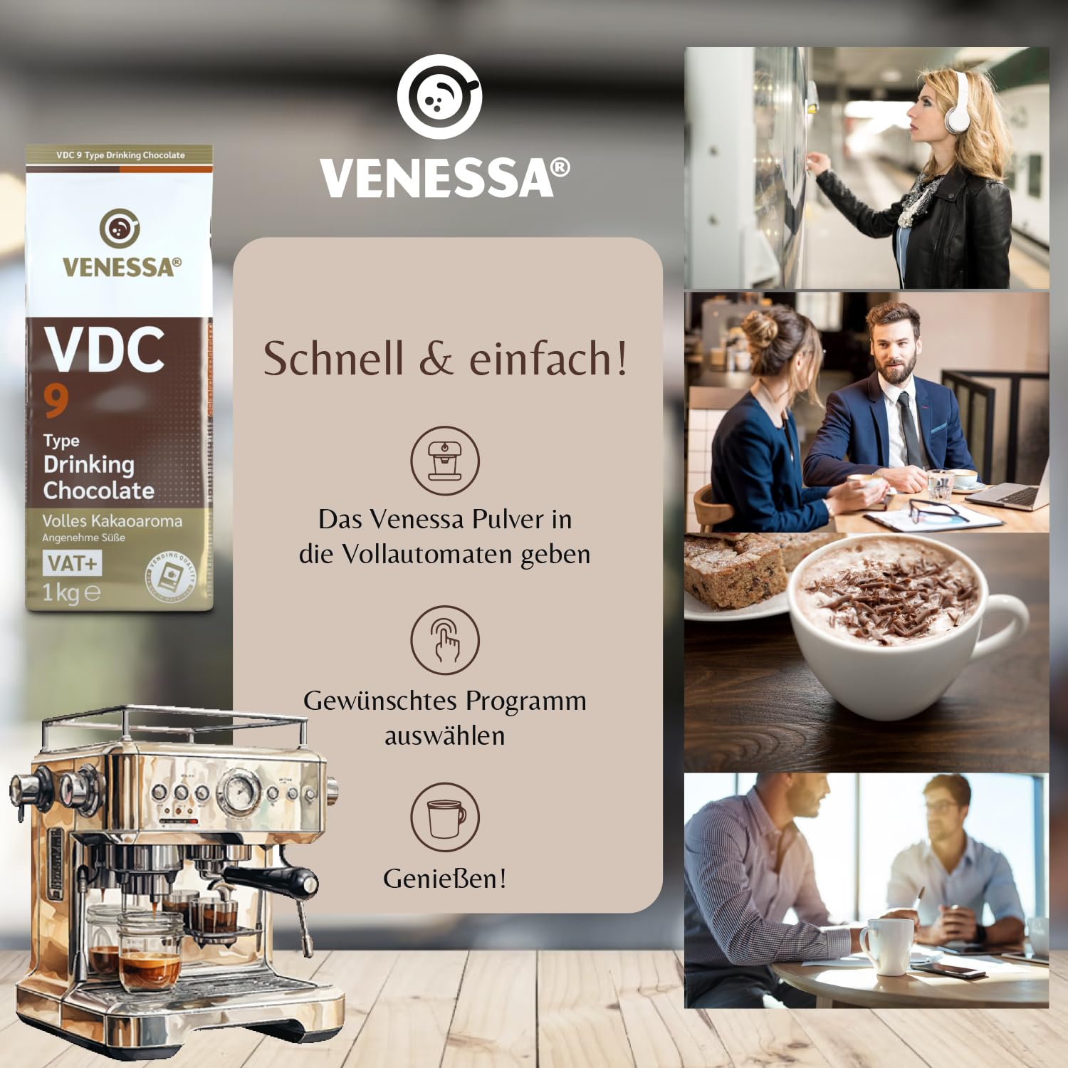 VENESSA VDC9 czekolada do picia 2 x 1 kg – opakowanie próbne – kakao w proszku z 9% kakao premium i zawartością mleka do automatu do gorących napojów – rozpuszczalna, lekko słodka, kremowa