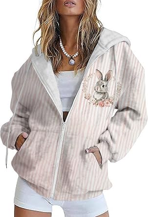 Bengbobar Womens Easter Hoodie,Bunny Sweatshirt Tops Zip Up Drawstring Hoodies,Easter Coat Oversized Jacket with Pocket