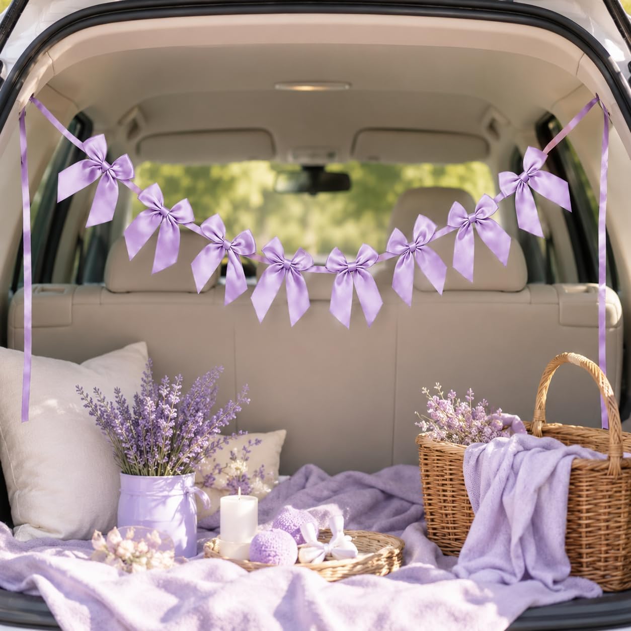 Light Purple Satin Bow Garland for Wedding, Birthday and Baby Shower Decor | Fixed Spacing, Ready-to-Hang Layout, Bridal Shower, Engagement Party, Photo Backdrop, Dessert Table, Mantel and Arch Display