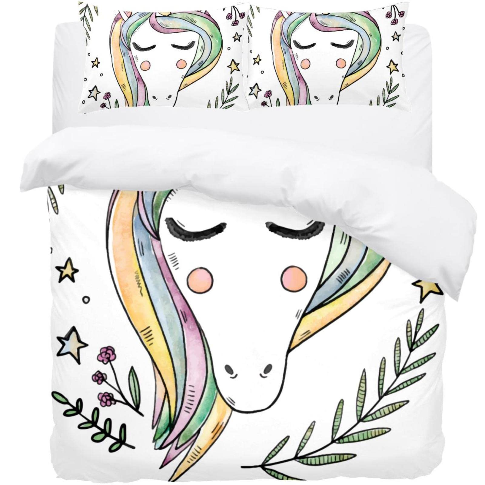 Parure de lit licorne housse de couette enfant motif fleurs avec 2 taies d'oreiller douces