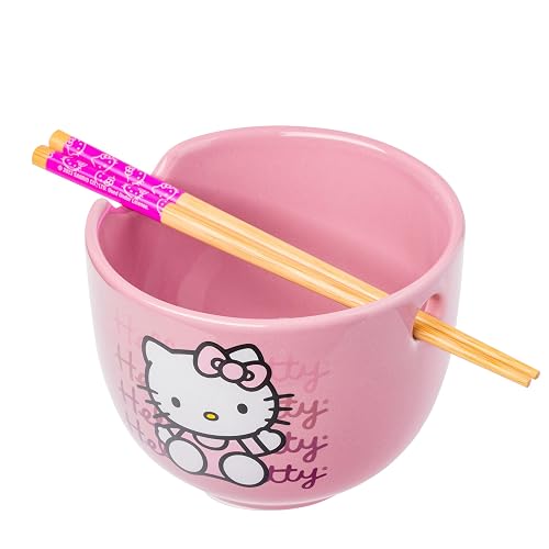 Silver Buffalo Sanrio Hello Kitty Waving Pink Ceramic Ramen Noodle Rice Bowl with Chopsticks, Microwave Safe, 20 Ounces, - Hello Kitty Waving - 20 Ounces (No Spoon)