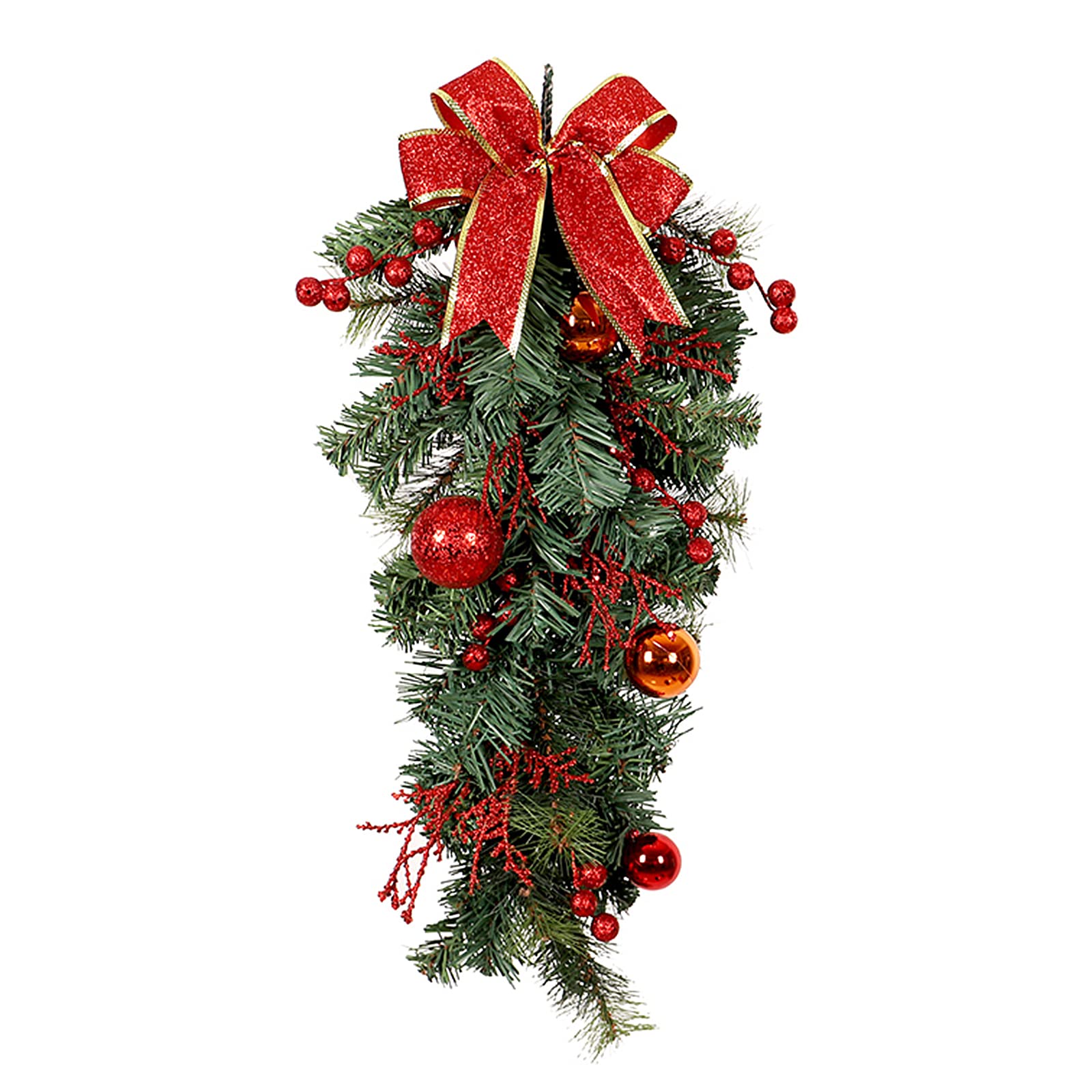 Sempoda Artificial Christmas Teardrop Swag, 25.6in Christmas Wreath with Christmas Ball & Bow & Berries, Winter Door Swag Pine Garland for Home Party Wall Window Holiday Wedding Front Door Decor