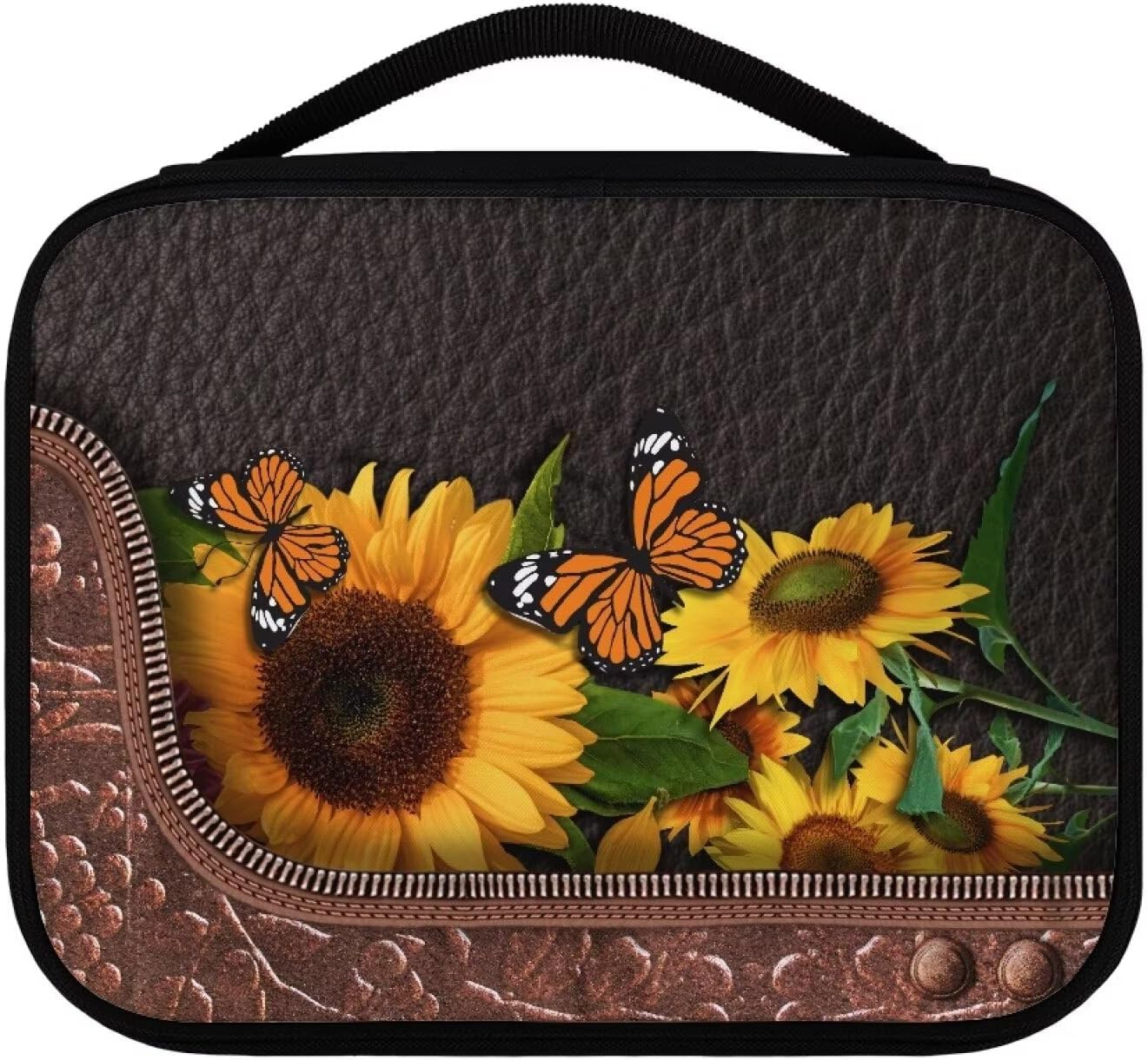 Sunflower Butterfly Bible Case, Portable Large Bible Covers for Women Organizer, Lightweight Bible Tote Bag for Women Multi-Functional Bible Bag Bible Accessories, Brown and Yellow