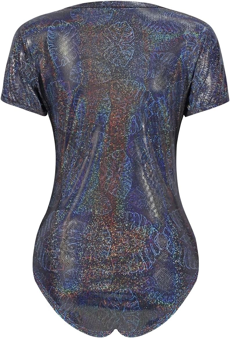 Landofgenie Womens Metallic Shiny Bodysuit Snap Crotch Short Sleeve Onesie
