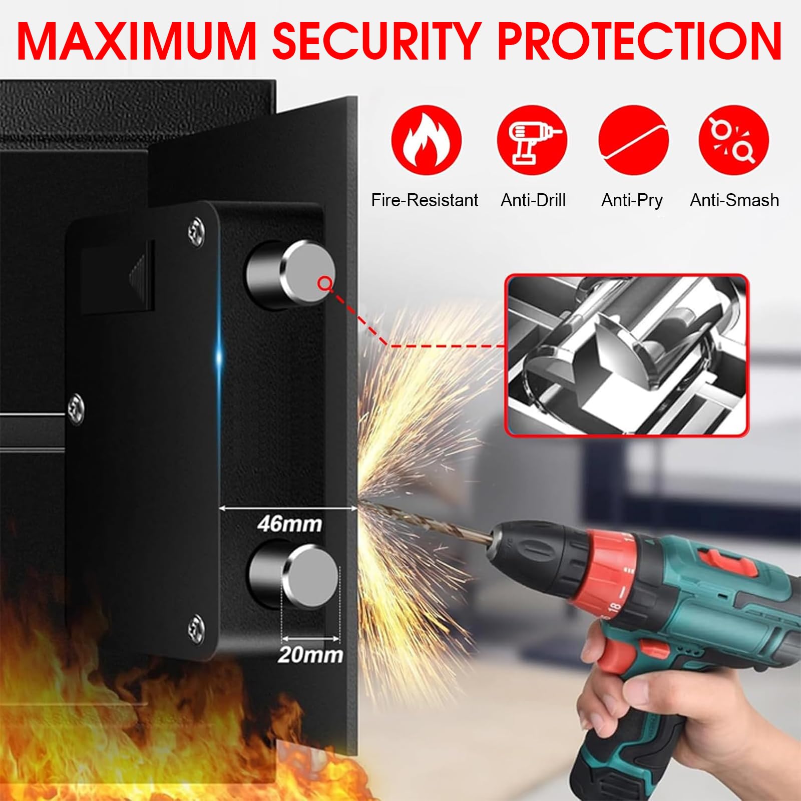 Cassaforte per la casa da 1,6 cubi, impermeabile con allarme antifurto, ripiano rimovibile, indicatore a LED con tastiera, cassaforte digitale antincendio per armi da fuoco, munizioni, contanti,
