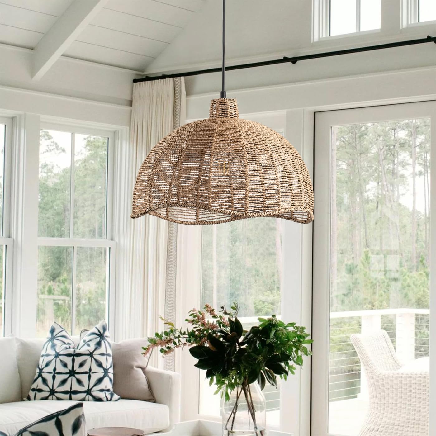Aiwen Farmhouse Pendant Light Fixture 15.94 in 1-Light Bohemia Rattan Pendant Light with Dome Shape Adjustable Hanging Wicker Pendant Lamp for Kitchen Island Living Room Hallway E26, Brown