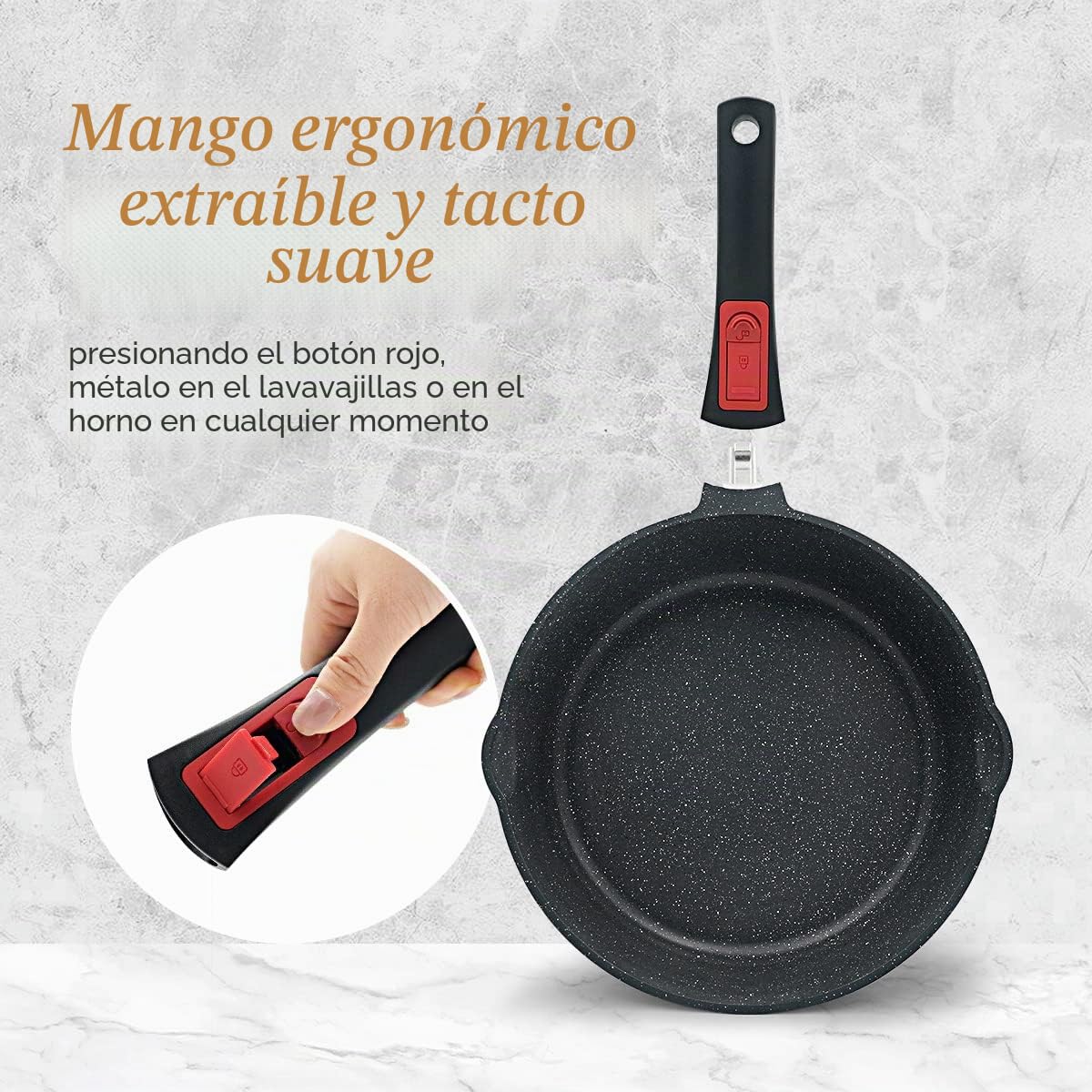 Sartén 28 cm de Antiadherente, aluminio fundido con antiadherente con asa extraíble, sartén adecuada Con tapa, Apta para Todo Tipo de Cocina. | Sartén de 7,5 cm de altura interior con mango extraíble, apta para todo tipo de fuegos