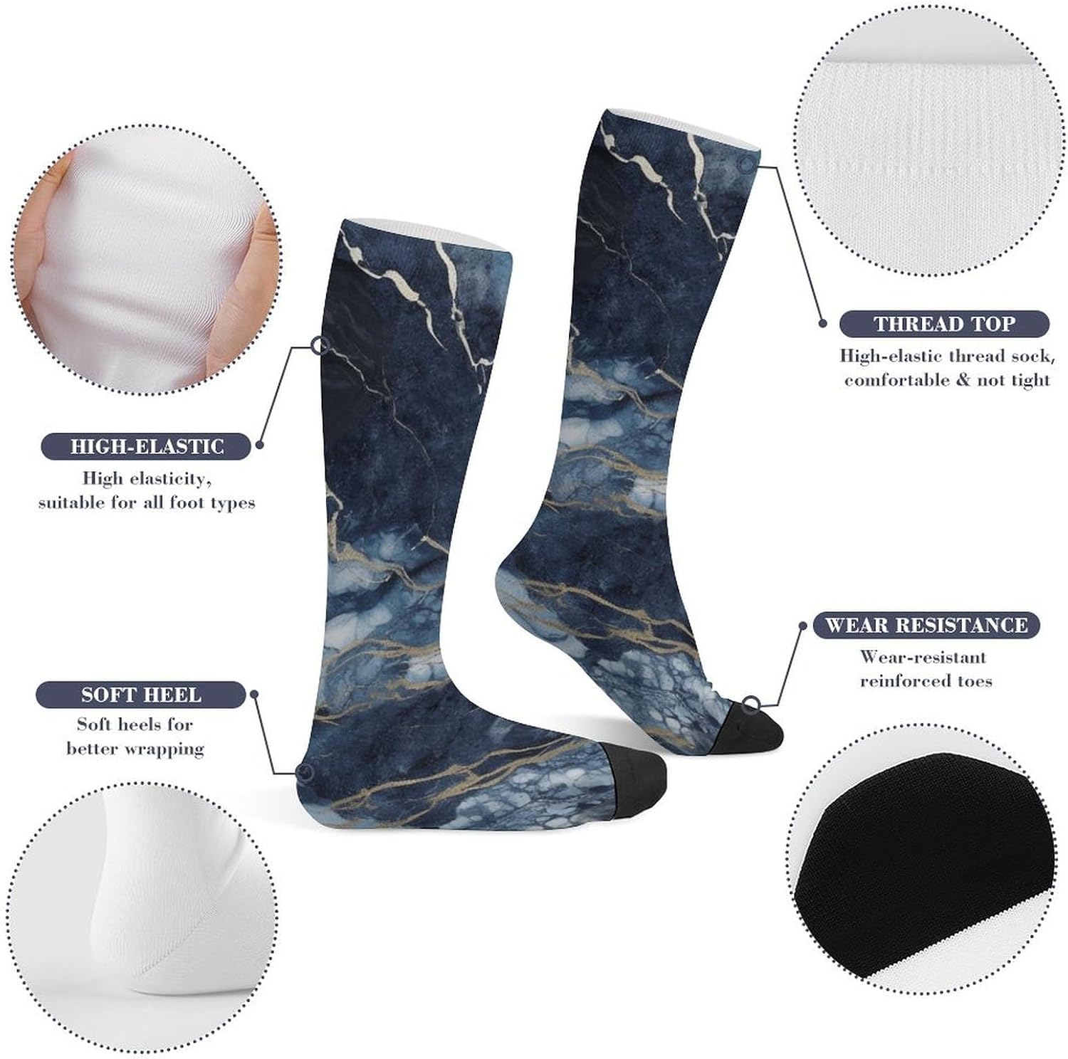 Marble Navy Blue Mixed Knee High Soccer Socks Moisture Wicking