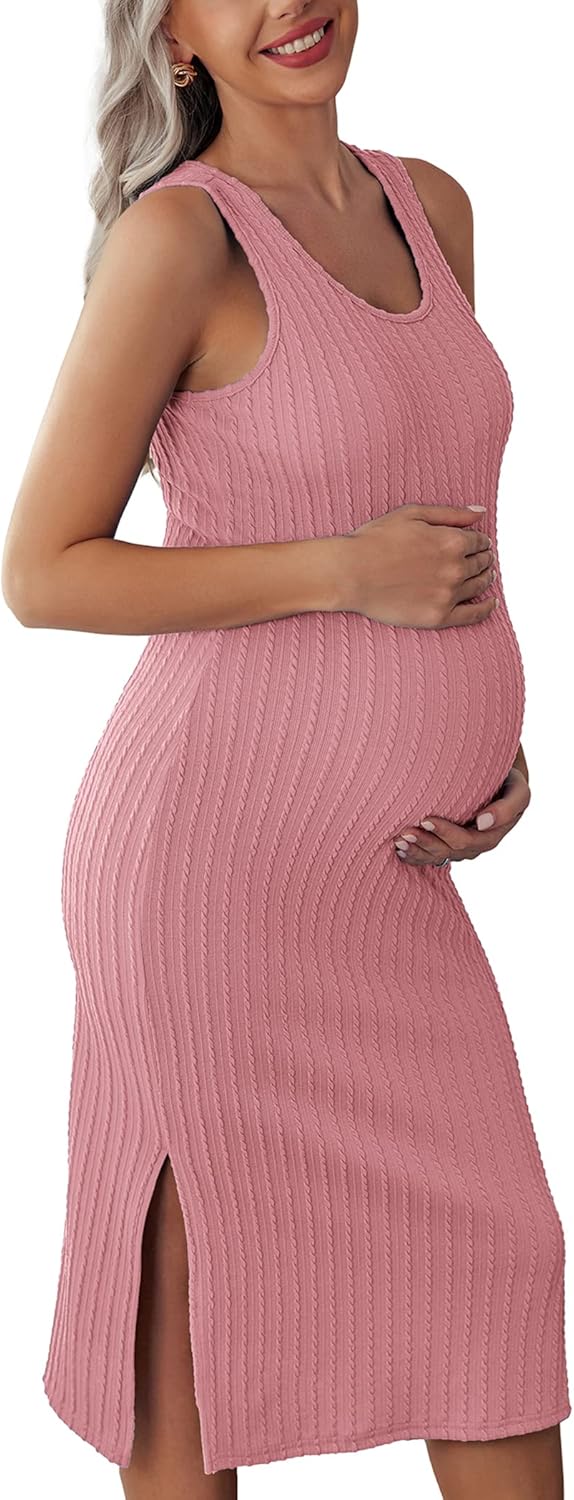 Ekouaer Women’s Maternity Dress Rib Knit Sleeveless Tank Side Slit Bodycon Dresses Pregnancy Clothes S-XXL