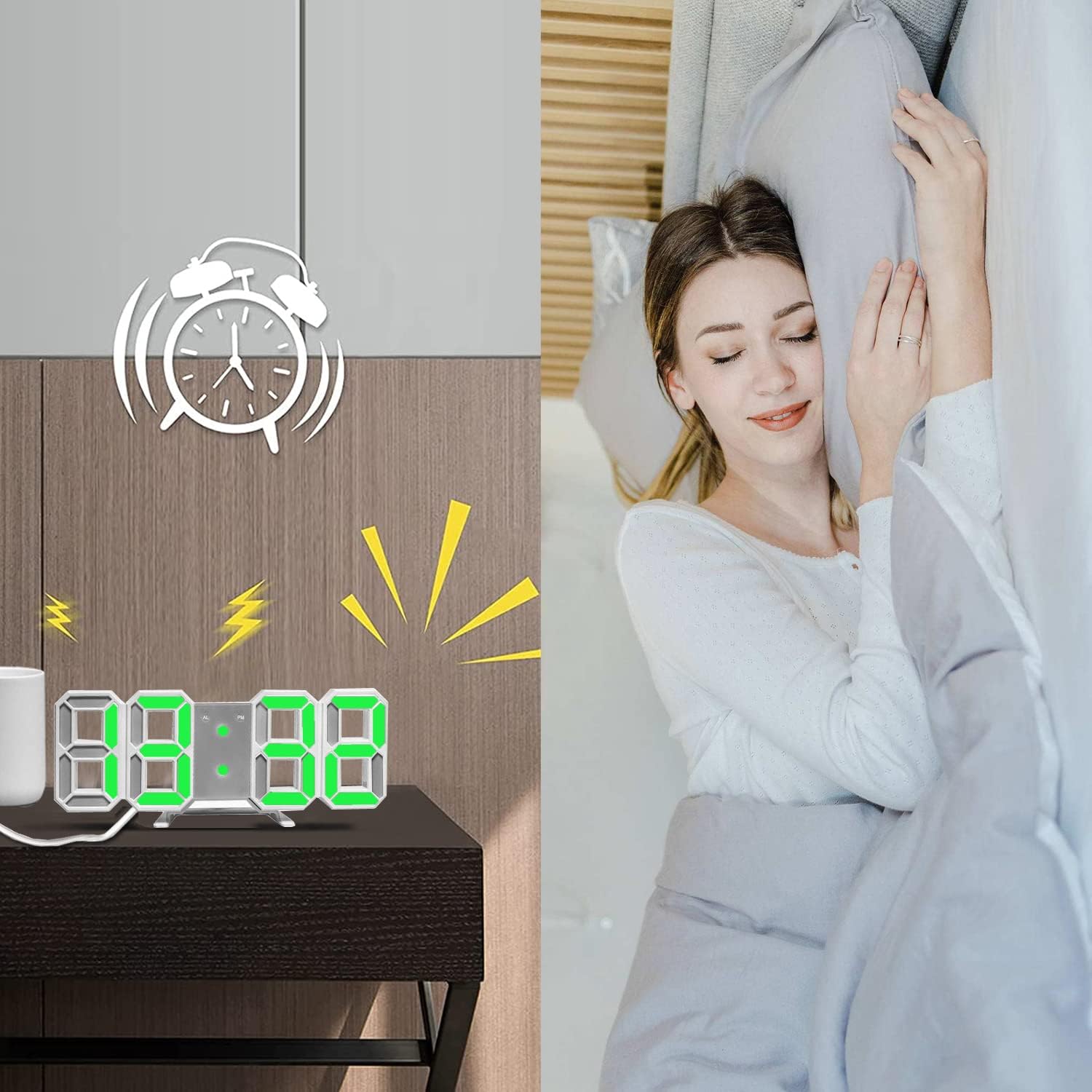 EAAGD 3D Digital Alarm Clock with 3 Adjustable Brightness, 12/24Hr, Snooze, Bedroom Desk Alarm Clock LED Nightlight Digital Wall Clock (White/Green)