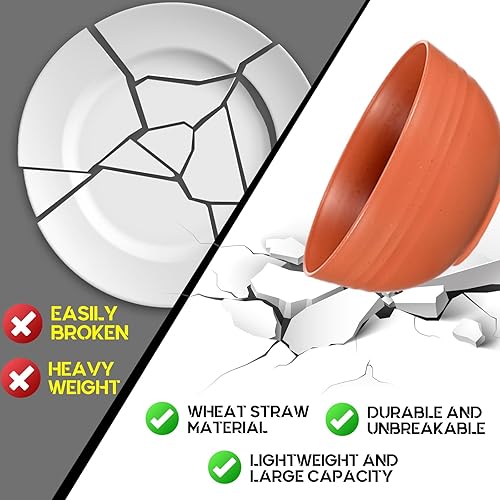 Miniatura 3 de Pinkunn Juego de vajilla de paja de trigo de 64 piezas con cubiertos de acero inoxidable irrompibles y cuencos coloridos para cocina, microondas,