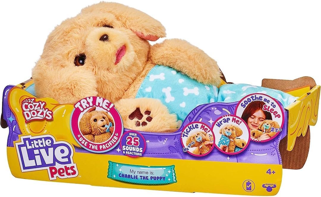 Cozy Dozys: Charlie The Puppy | Interactive Plush Toy Dog. 25+ Sounds and Reactions. Magical Eye Movement. Blanket, Pacifier and Batteries Included. for Kids Ages 4+.