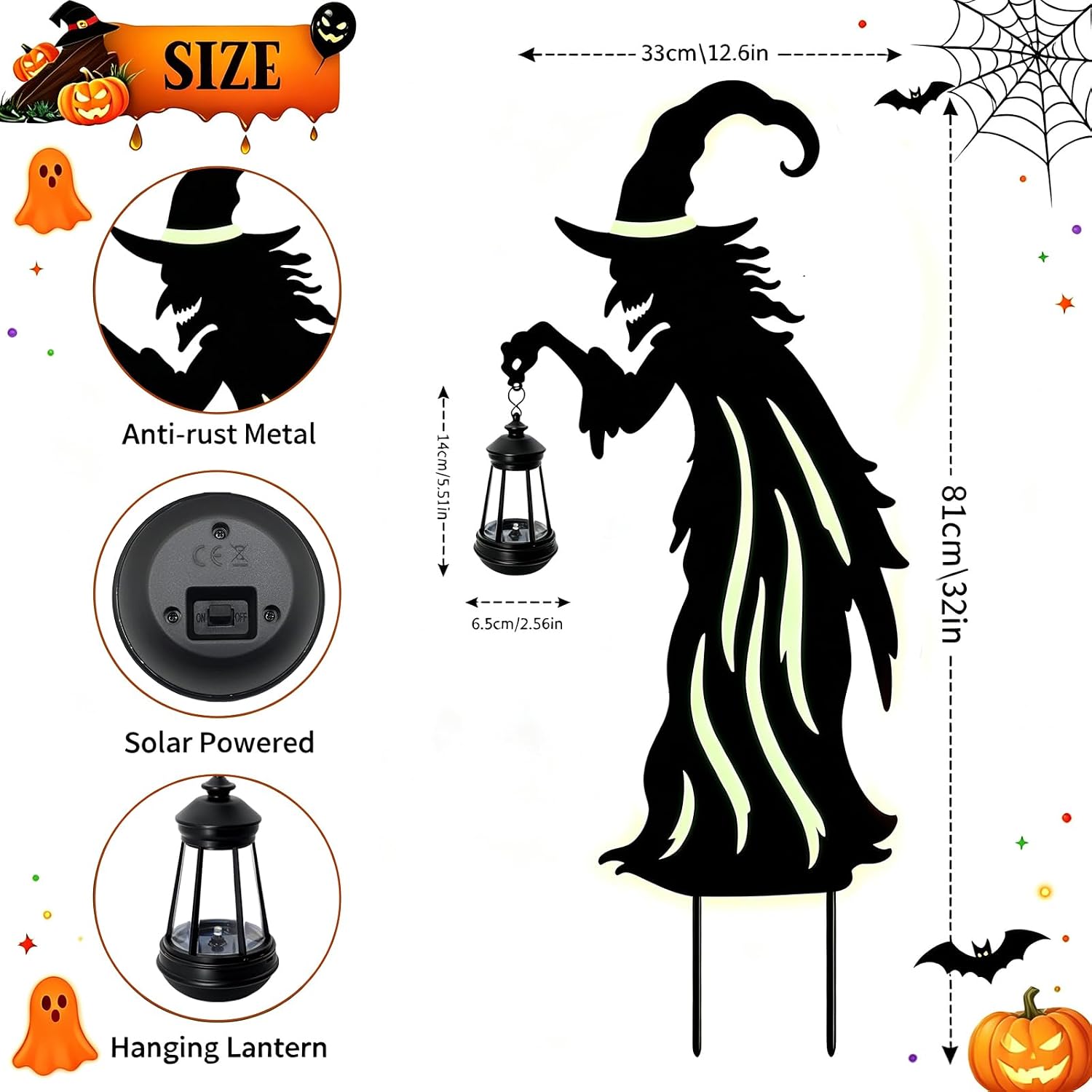 VOOKRY 31.5"Halloween Witch Lantern Outdoor Decor,Solar Lighted Witch Stake image 3