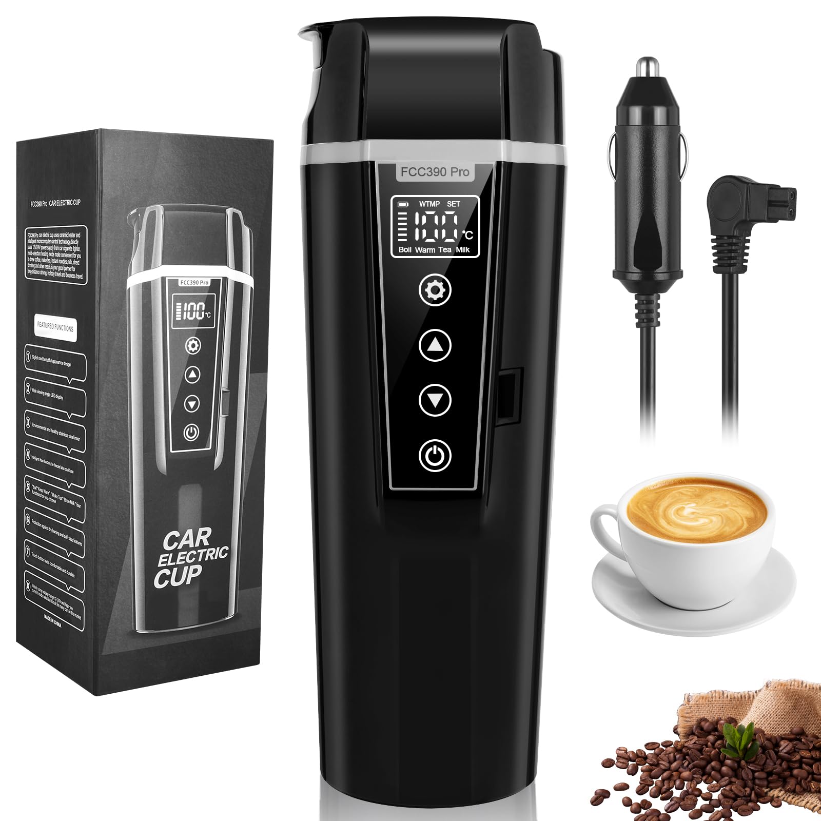 Car Electric Kettle,Electric Heated Travel Mug,400ml Portable Water Boiler Heated Mug,40-100? Temperature Adjustable,Car Coffee Warmer Car Heating Cup