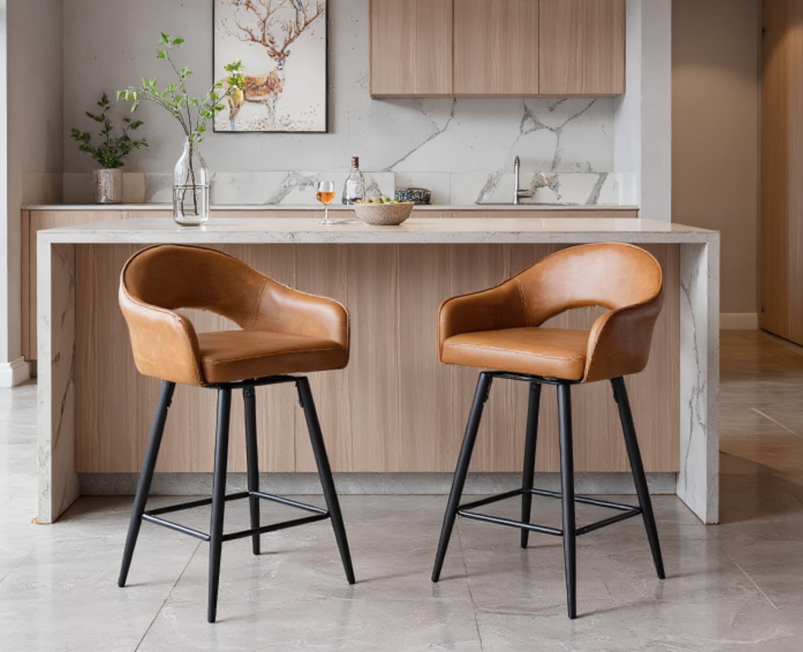 chairus 2PCS Taburetes Altos Giratorio de Cuero PU, Marrón | Patas Metálicas, Cojín Grueso, Con Respaldo y Brazos