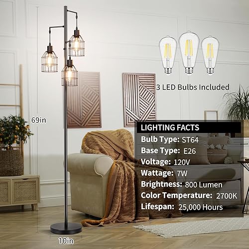 Miniatura 5 de Sucolite Lámpara de pie regulable de 69 pulgadas para sala de estar, lámpara de pie industrial de árbol de 3 luces, color negro con jaulas, lámpara