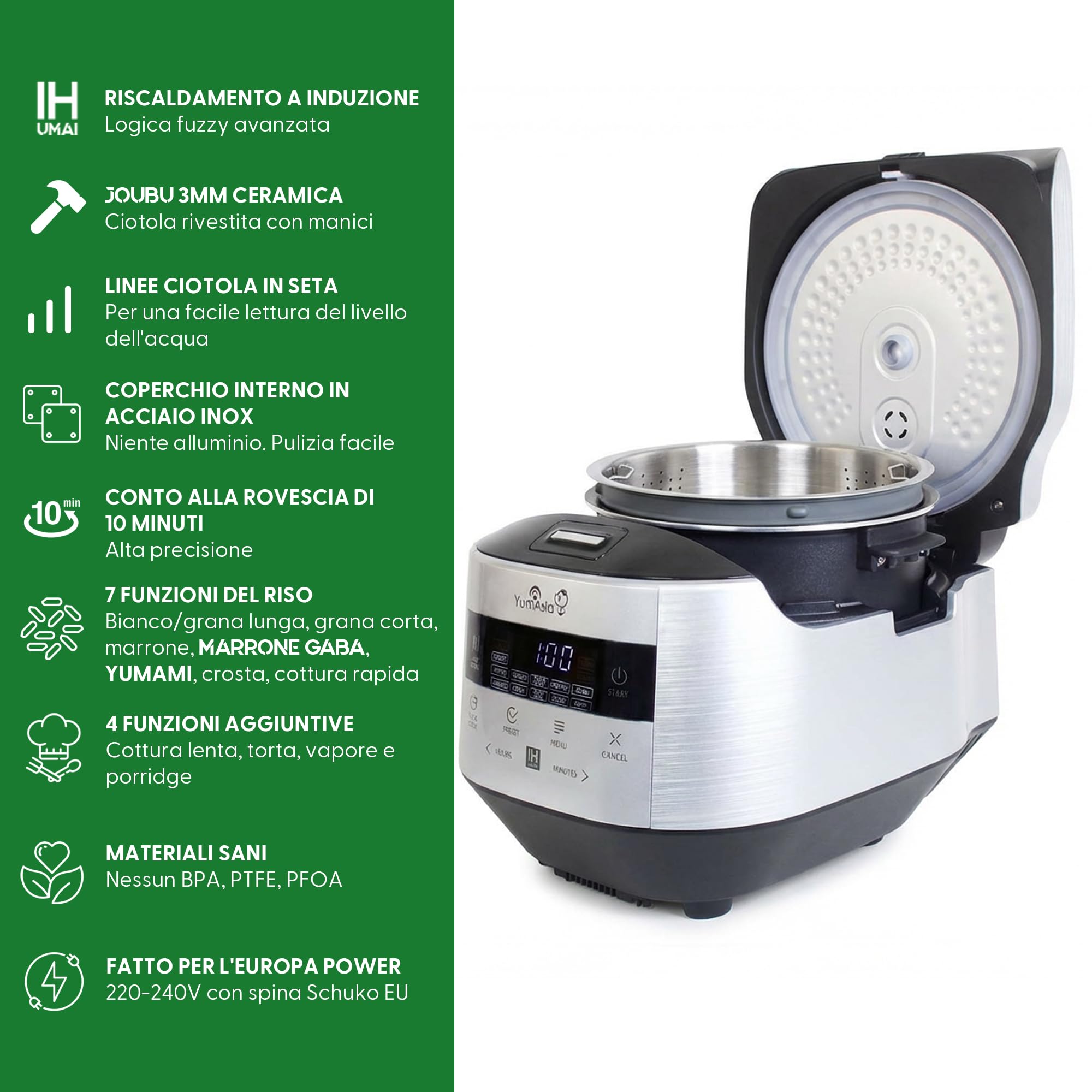 Yum Asia Bamboo cuociriso con riscaldamento a induzione (IH) e ciotola in ceramica, 7 funzioni di cottura del riso, 4 funzioni multicucina, display LED Motouch (1.5L) 220-240V UE