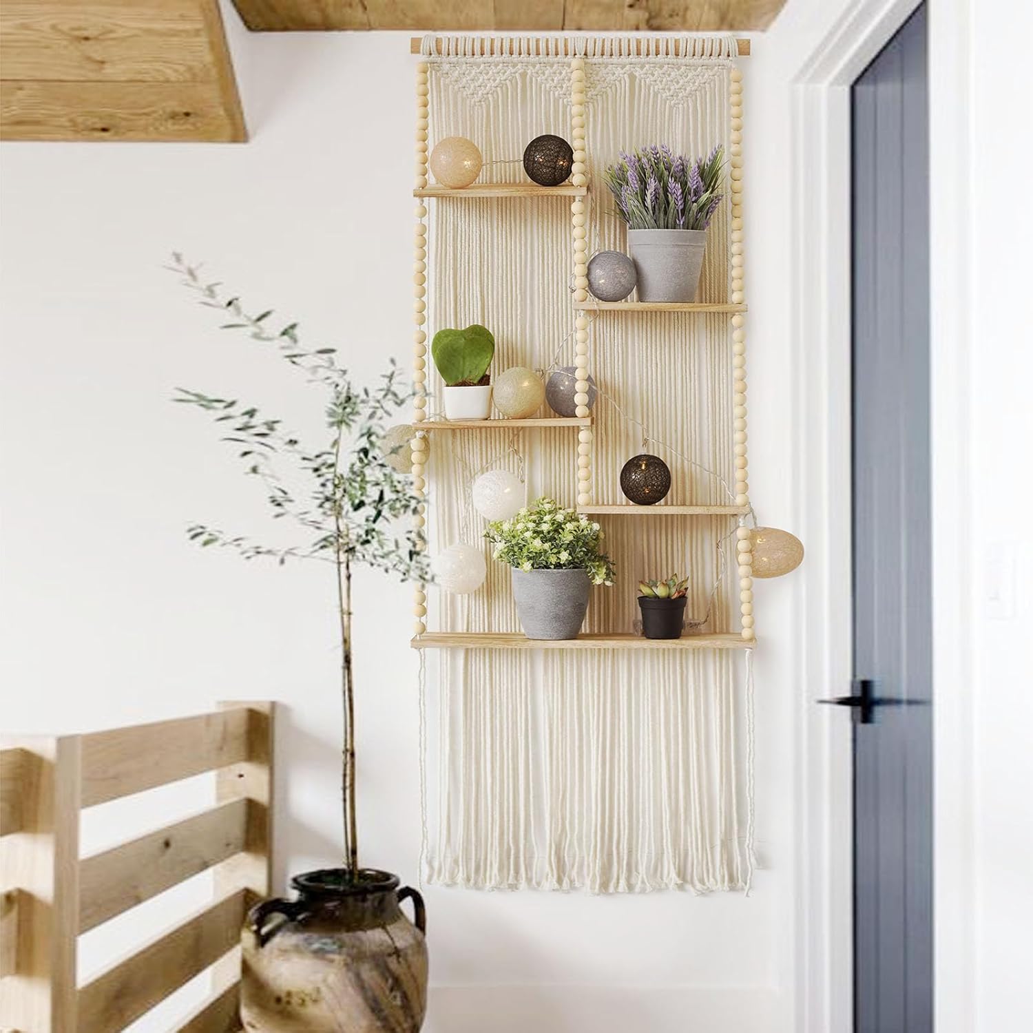 Macrame Wall Hanging Shelf Boho Wall Decor Home 2 Tier Hanger Shelves Braided with Tassels Shelves Organizer for Kitchen, Bedroom, Home Storage, Floating Plant Shelf (Wood)