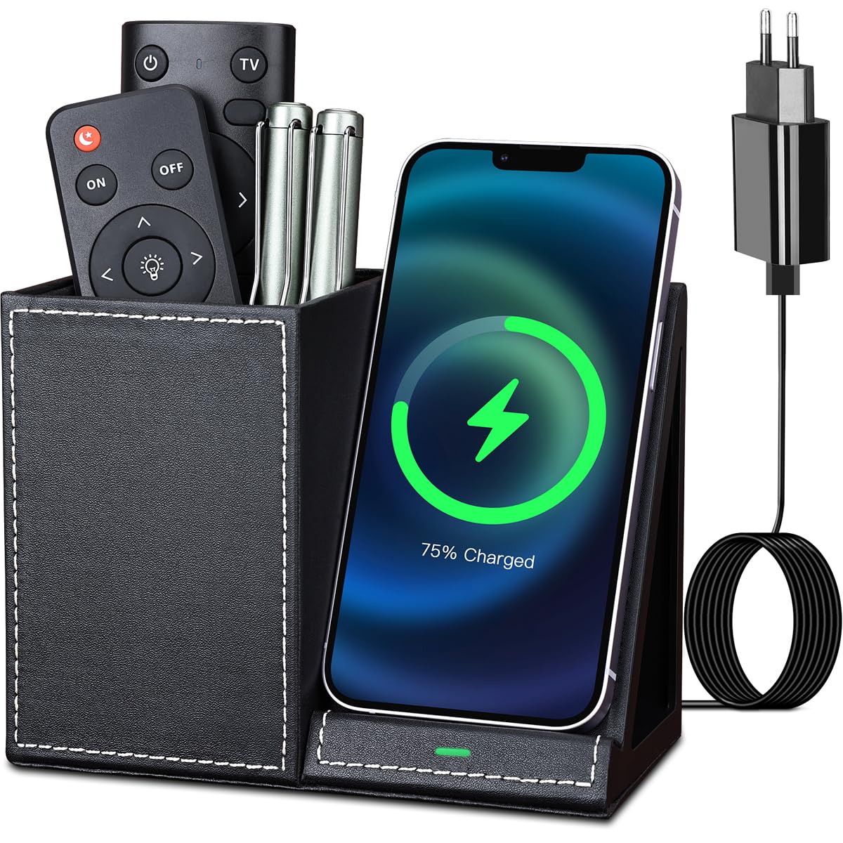 KINGFOM Pen Holder Desk Organiser with Wireless Charger, 2 in 1 Inductive Charging Station for iPhone 14/13/12 Series, Samsung Galaxy S23/S22/S21/Note 20/Note 10