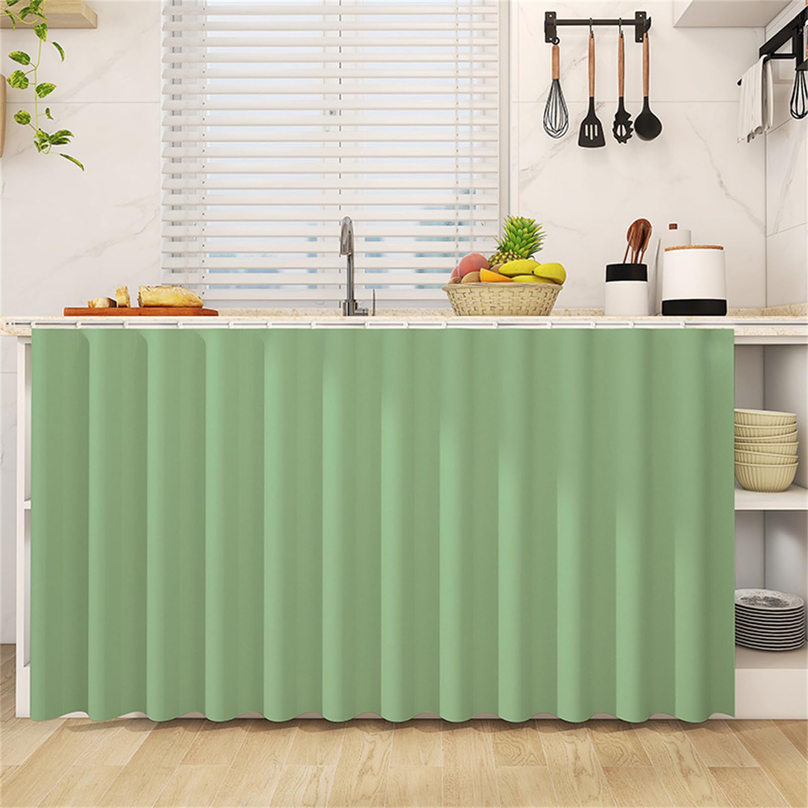Highdi Cupboard Short Curtain Kitchen, Hide Away Small Curtains for Kitchen Cupboard Door - No Drilling Is Required with Hook and Loop for Under Sink-Solid Colour (Sage Green,60 * 140cm)