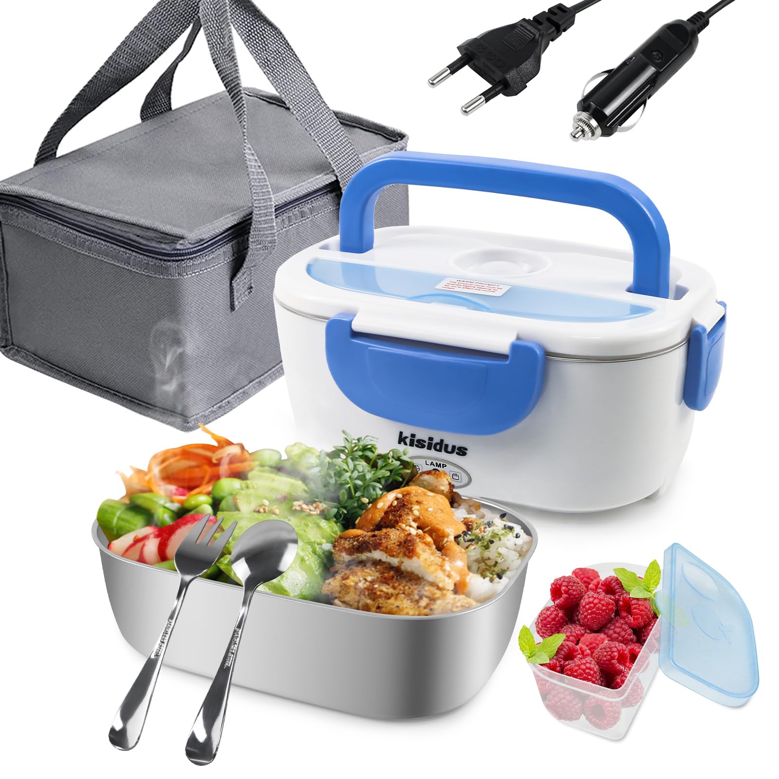 Fiambrera Electrica 3 en 1 60W,1.5L Calentador de Comida Electrico 12/24/220V para Coche/Camión y Trabajo Acero con Dos Compartimentos