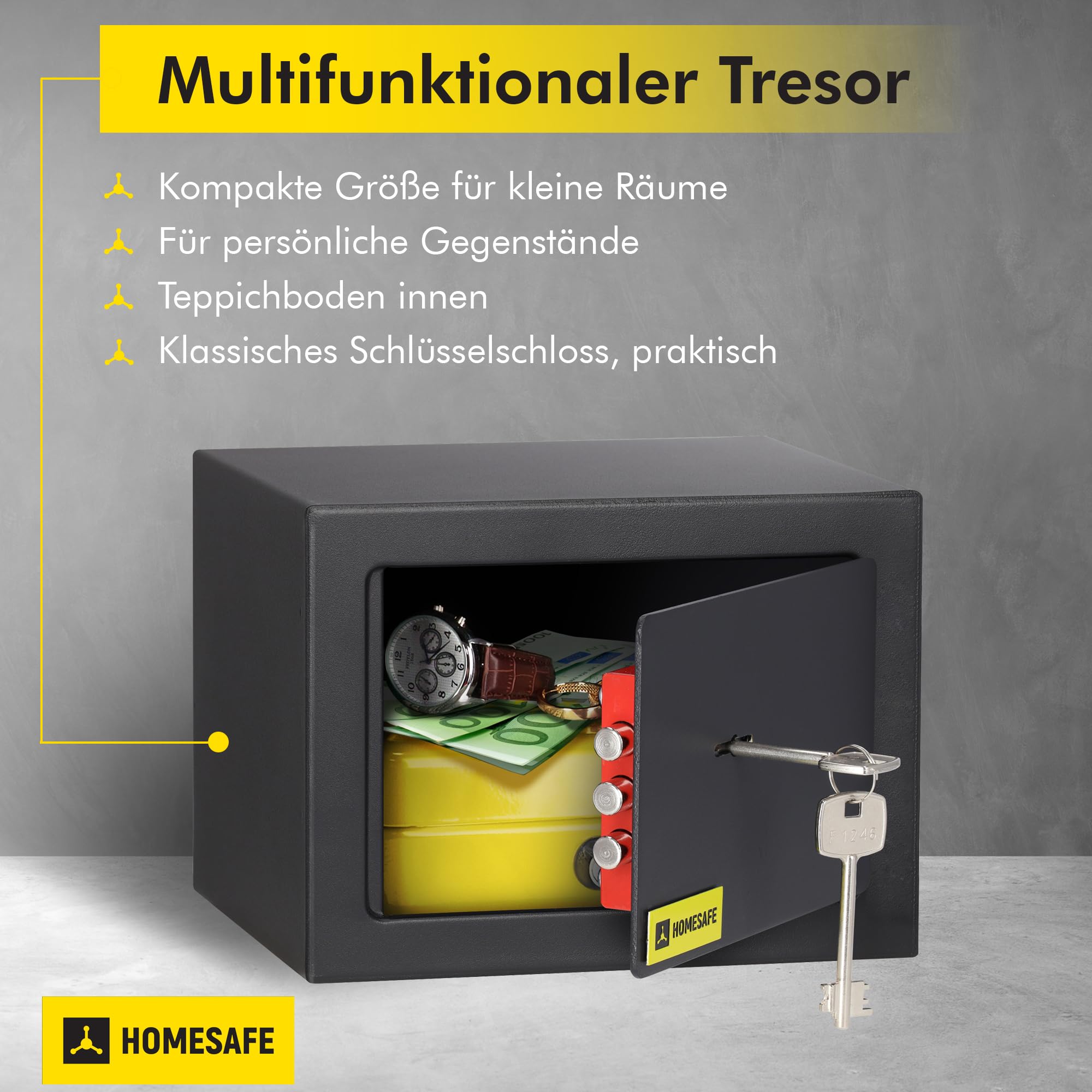 Homesafe HV15K Tresor Safe mit Schlüssel-Schloss, 15x20x17cm (HxWxD ), Carbon Satin Schwarz