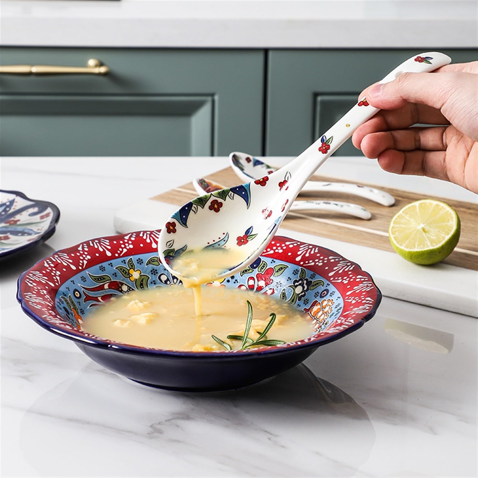 Cuillères à Soupe en céramique (1 Petite cuillère et 1 louche incluses), cuillères à Soupe wonton, cuillères de Service en céramique, cuillères à Ramen, cuillère à Glace(B)