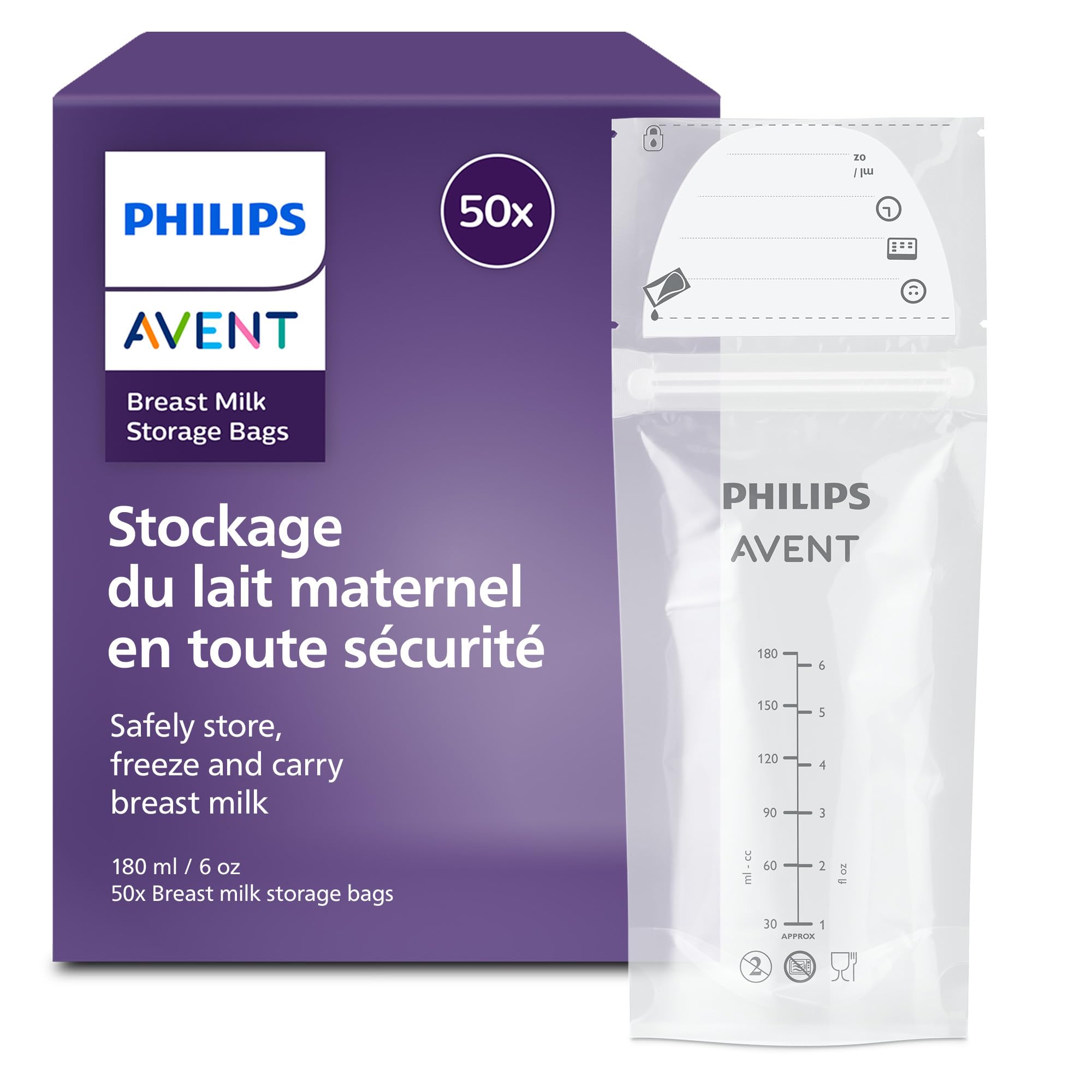 Philips Avent Sachets de conservation pour lait maternel – pré-stérilisés, réfrigérateur et congélateur, sans BPA, anti-fuites, remplissage et stockage faciles, 180 ml, 50 pièces, SCF603/50