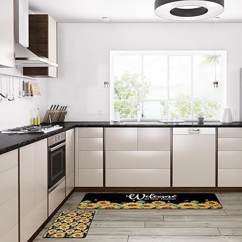 Miniatura 4 de Bencailor Juego de 2 alfombras y tapetes de cocina de girasol, 2 unidades, decoración de girasol, alfombras de girasol para cocina, tapete de piso