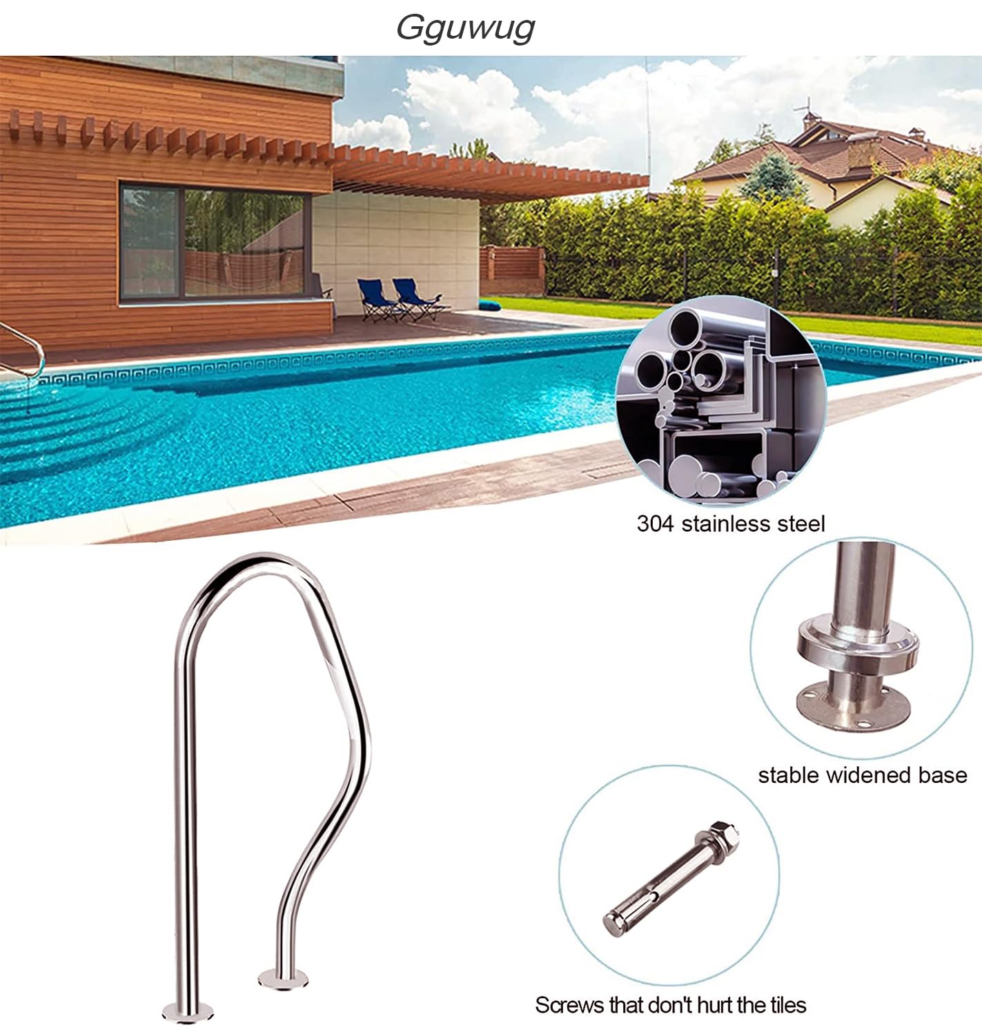 Pasamanos para piscina, diseño duradero y fácil de montar con tornillos autorroscantes para jardín y piscinas de patio, seguro 78 x 57 cm