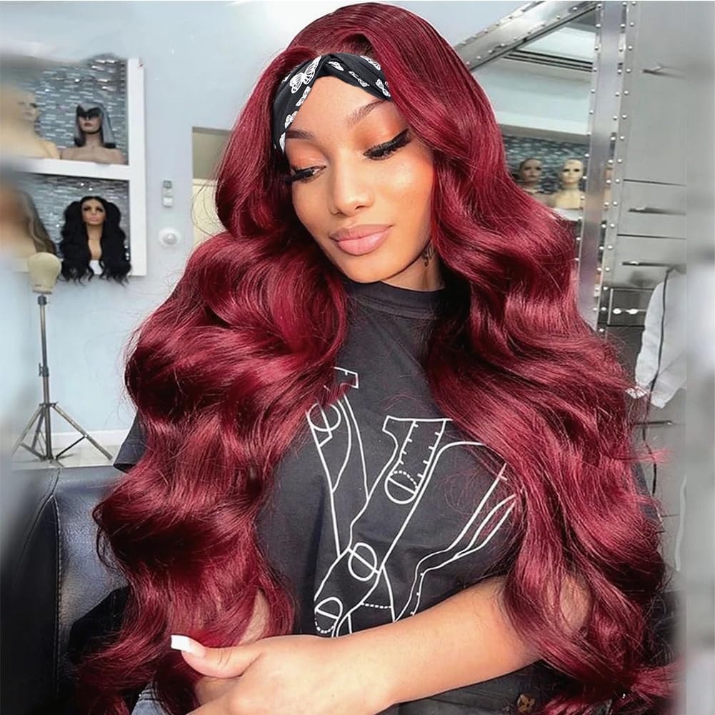Colorful Queen 99j Burgundy Headband Wig Glueless Long Wavy Headband Wigs for Women Put On and Go Wine Red Colored Body Wave Wigs 26 Inch
