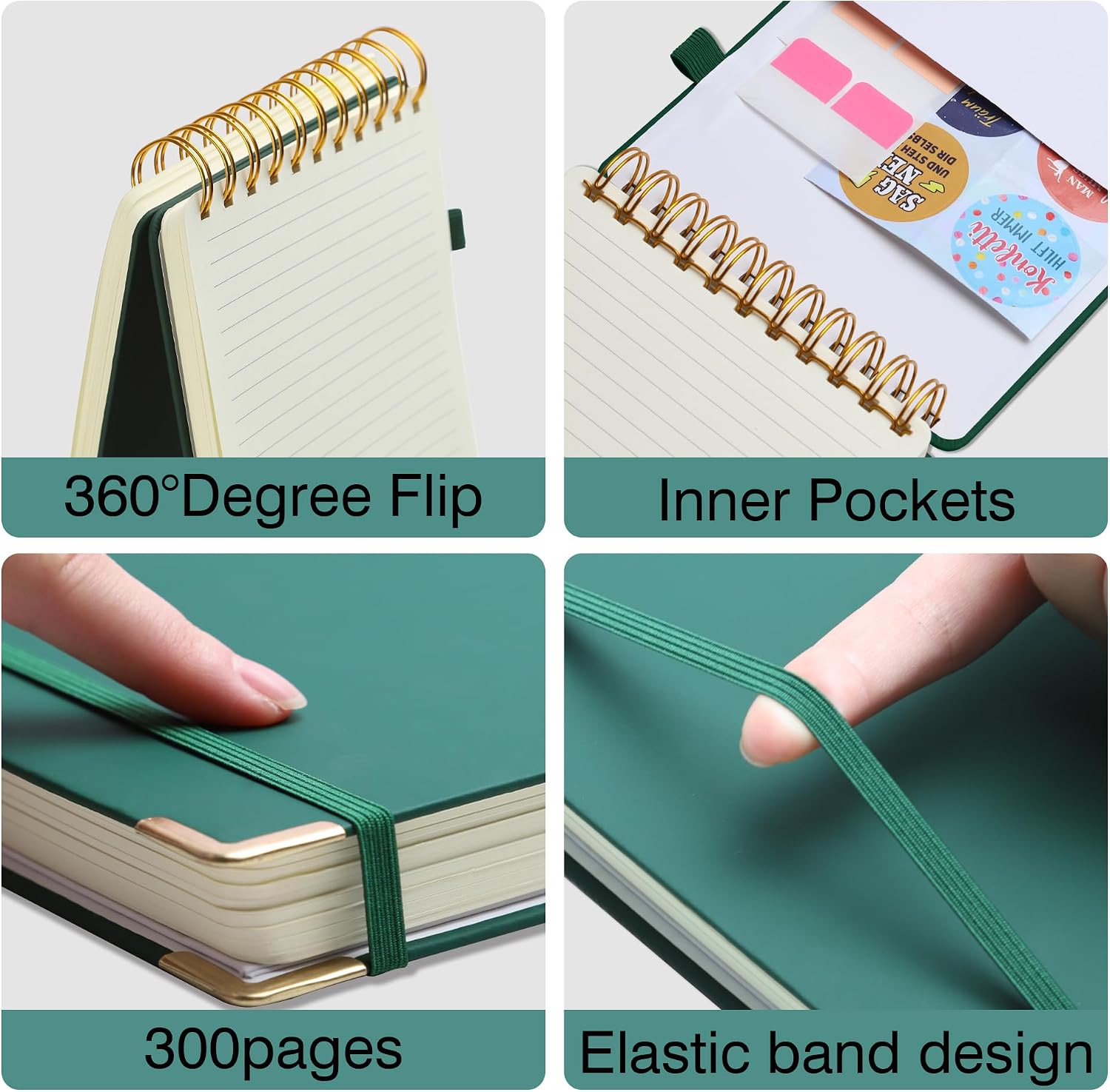 300 Pages Top Spiral Notebook 6x9 Leather Steno Pad Hardcover Steno Notebooks Top Spiral for Work Steno NotePad, 100 GSM Thick Paper, Left Handed Notebooks for Office College School,Green image 4