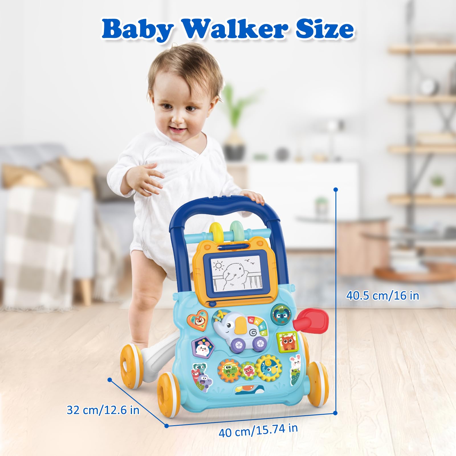 Schiebe und Ziehwagen Spielzeug, 2 In 1 Lauflernhilfe mit Abnehmbares Zeichentafel, Frühpädagogisches Aktivitätszentrum für Mädchen Jungen, Multifunktionale Spieltafel für Kinder 12M+ (Blau)