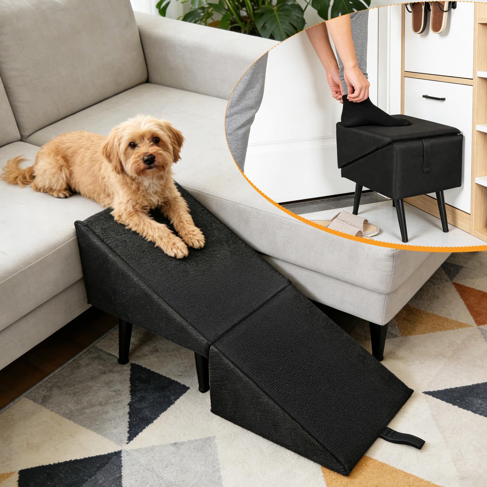Rampa para Perros, Escalera Multifuncionales para Perro Escalera Plegable para Mascota para Cama y Sofá Rampa de Madera para Mascota Negra con Ventosas Antideslizantes para Perros y Gatos