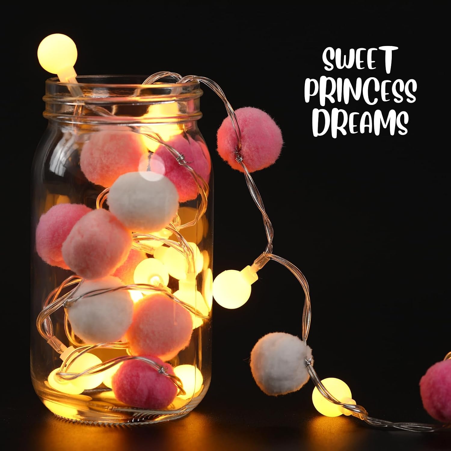6.56FT Pom Poms Fairy Lights - 20 LED Battery Operated String Lights with Warm White Globe Balls - Cute Indoor Decor for Bedroom Kids Room Playhouse Graduation Birthday Baby Shower - Pink image 3