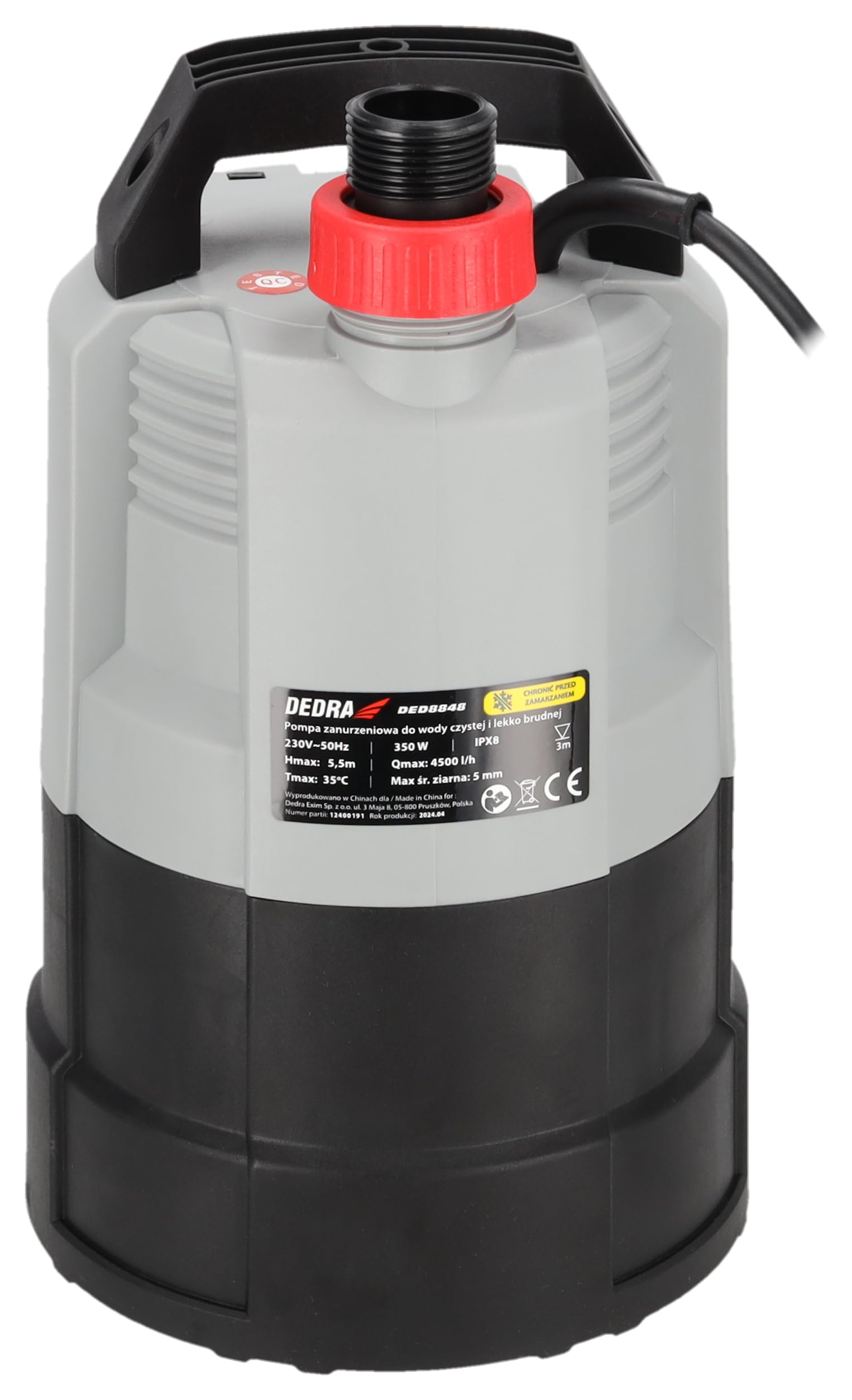 Tauchpumpe für sauberes und schmutziges Wasser DEDRA, Flachsaugpumpe, 350 W, Fördermenge: 4500 l/h, zwei Betriebsmodi, Flachsaugfunktion, Abpumpen bis auf 1 mm Wasserstand