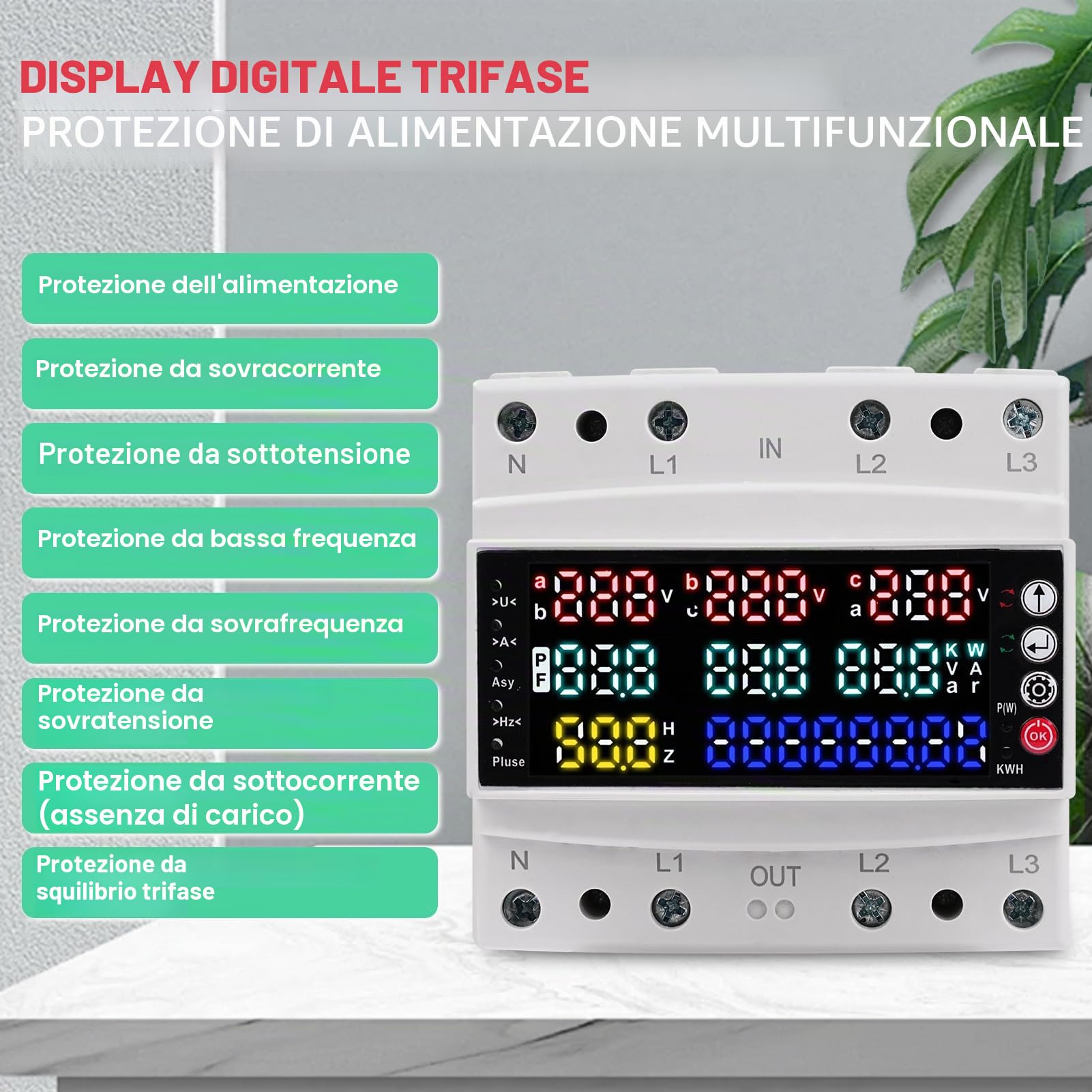 Contatore Energia Elettrica, 3 fasi Misuratore di Potenza Trifase con Display LCD Contatore Elettrico per Guida Protezione da Sovratensione/sottotensione Misuratore Consumo Elettrico AC 230V 100A