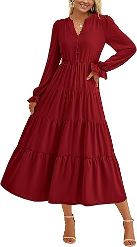 PRETTYGARDEN Long Sleeve Dress for Women 2025 Fall V Neck Tiered Aline Spring Elegant Modest Flowy Wedding Guest Maxi Dresses
