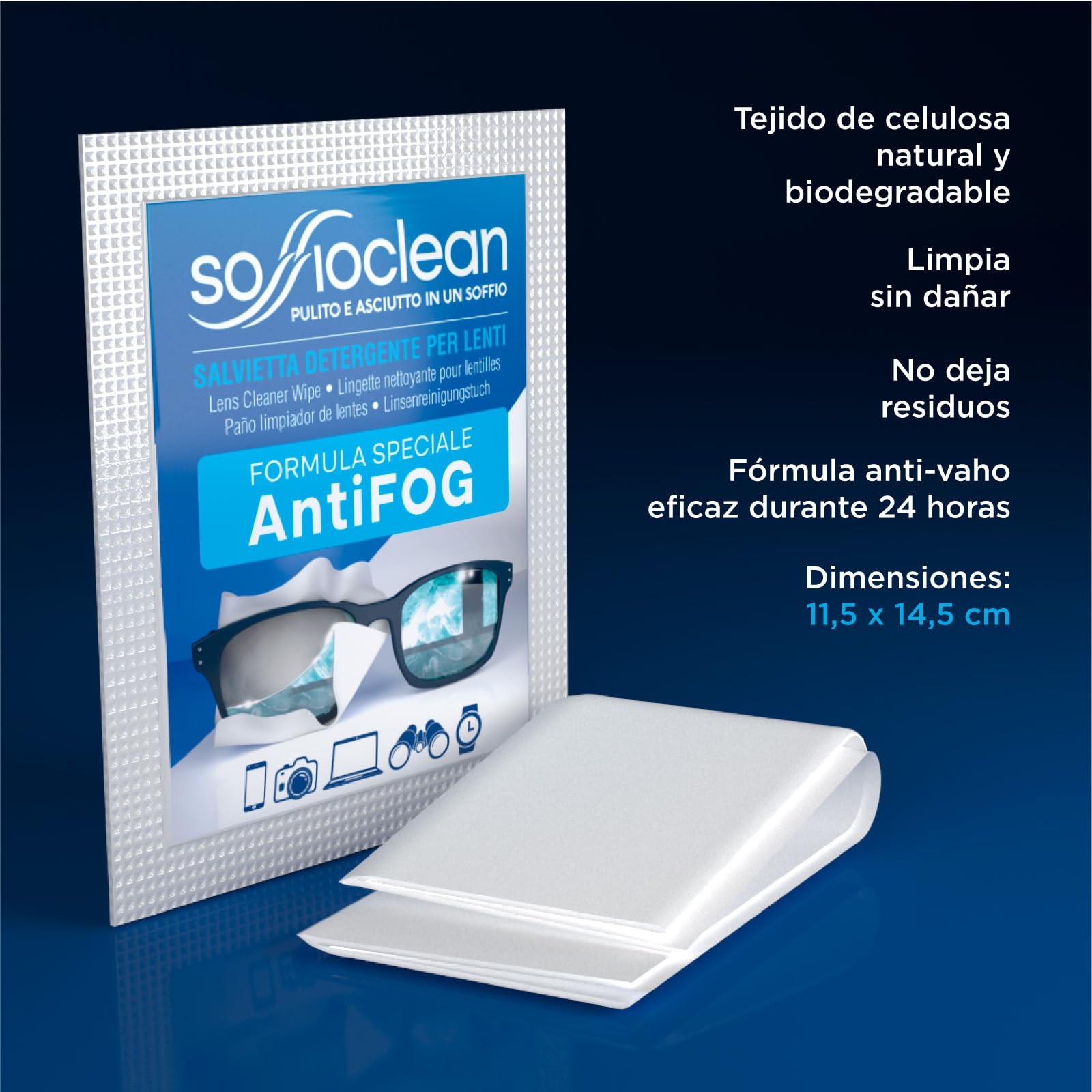 200 Toallitas Limpiadoras para Gafas Anti Vaho Soffioclean - Limpieza de Lentes Gafas Ordenadores y Movil - Desechables Elimina Grasa y Huellas Dactilares