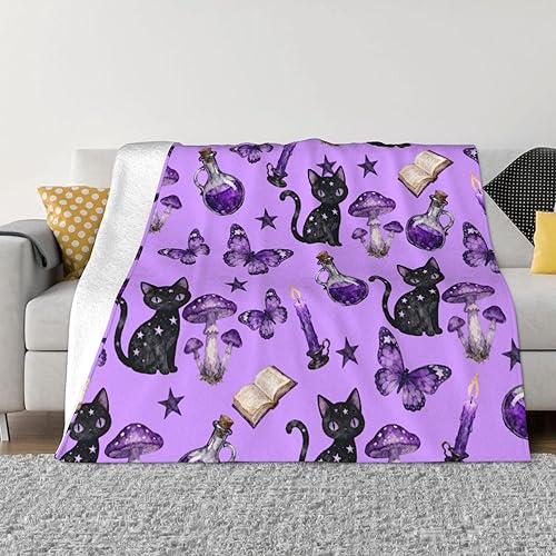 Manta ligera de franela pequeña y grande para todas las estaciones, compatible con brujas góticas, gatos negros, hongos, lindas mantas de vellón