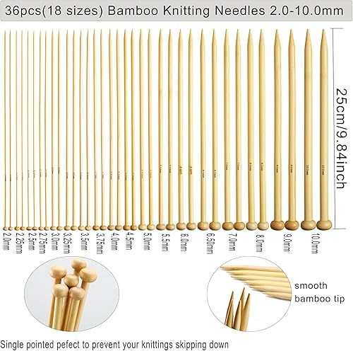 Miniatura 3 de LOOEN Kit de agujas de tejer de bambú 36 piezas de agujas de tejer de bambú de una sola punta 0.079 in-0.394 in Kits de tejer con estuche