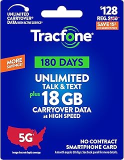 Tracfone $128 Unlimited Talk & Text Plus 18 GB of Data 180-Day Prepaid Plan(Physical Delivery)