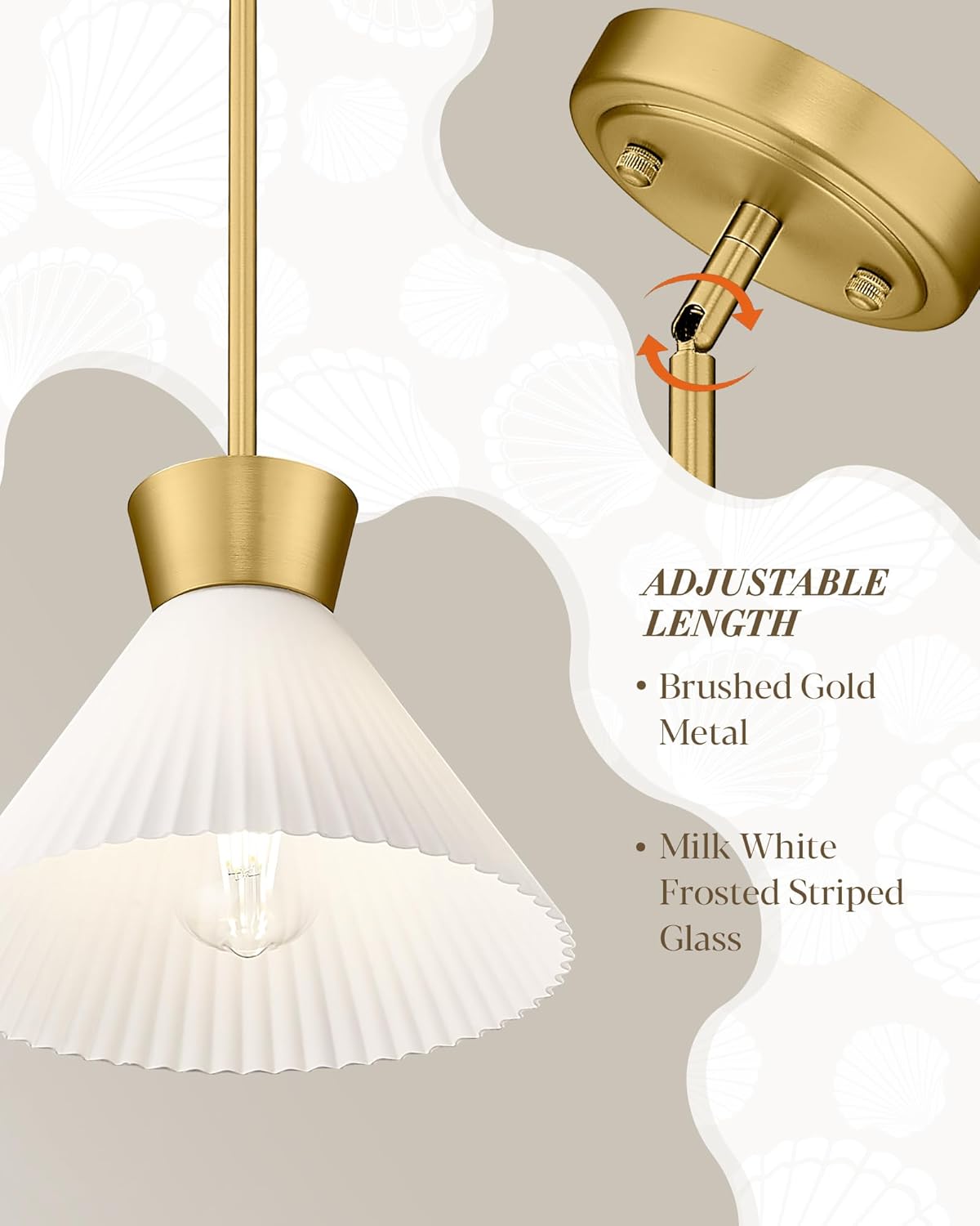 Modern Pendant Light Fixture, HWH White and Gold Kitchen Island Lights 11 Inch, 1-Light Hanging Lighting for Dinning Room Schoolhouse, Frosted Striped Glass Shade, 5HZG98MIL BG