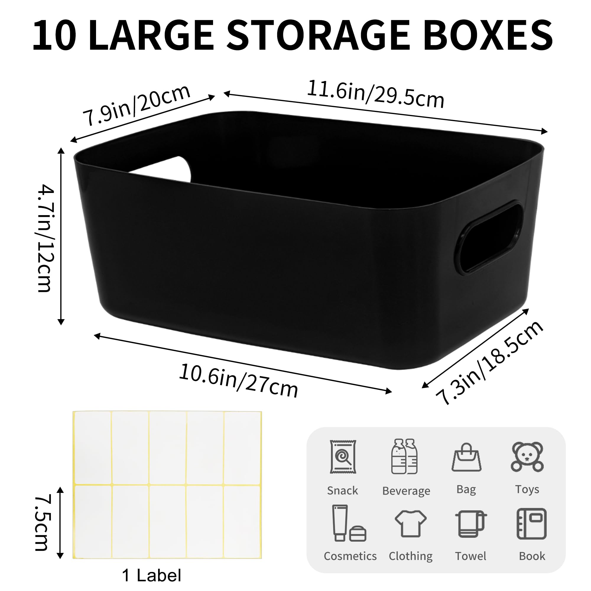 LYLIDIA 10 scatole portaoggetti in plastica, 30 cm, colore nero, grandi cesti di plastica, per bagno, cucina, scaffali, scatole