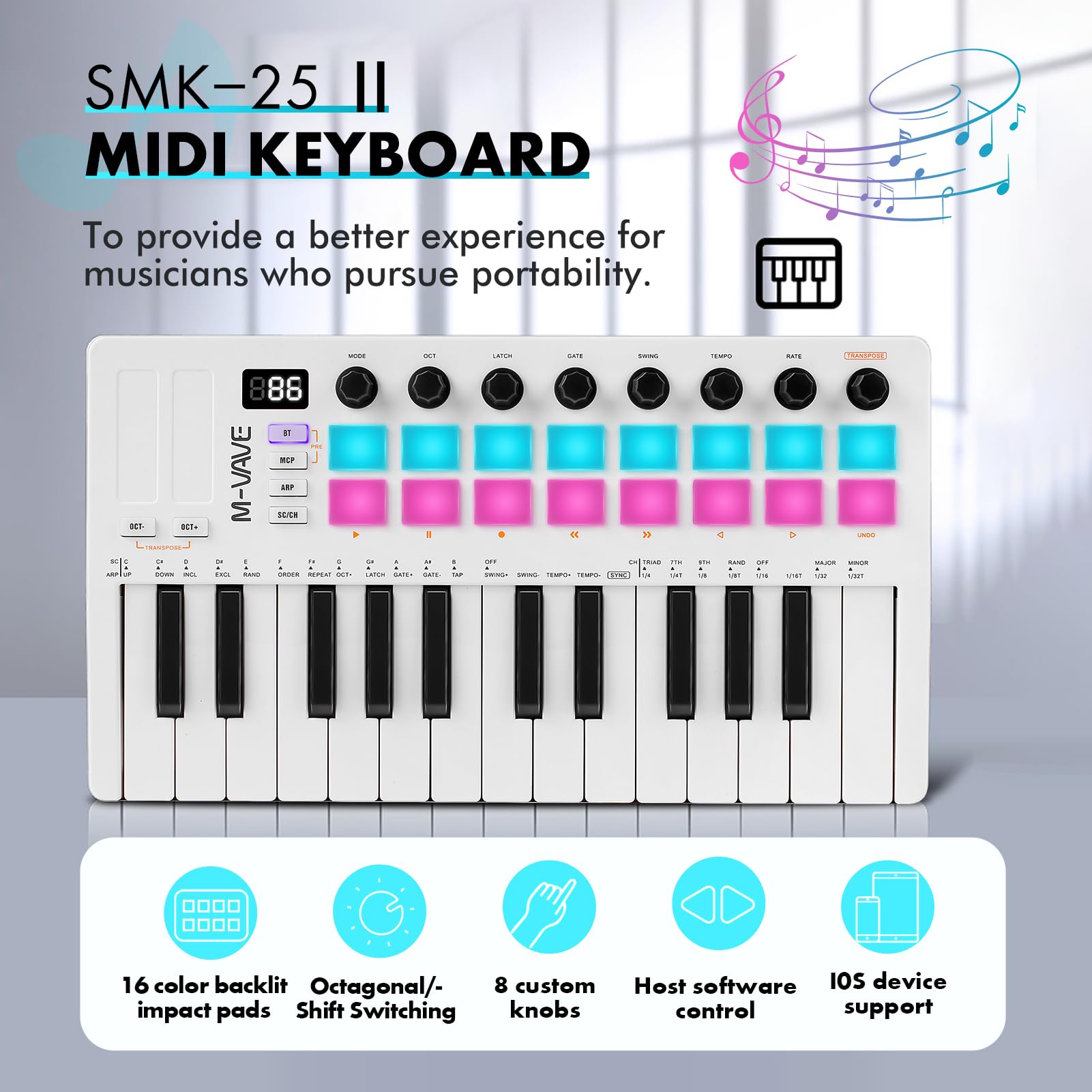 Nikou M-VAVE - Controller per tastiera MIDI, USB mini 25 tasti, ricaricabile, tastiera portatile elettrica con cuscinetti per batteria RGB, batteria integrata (bianco)