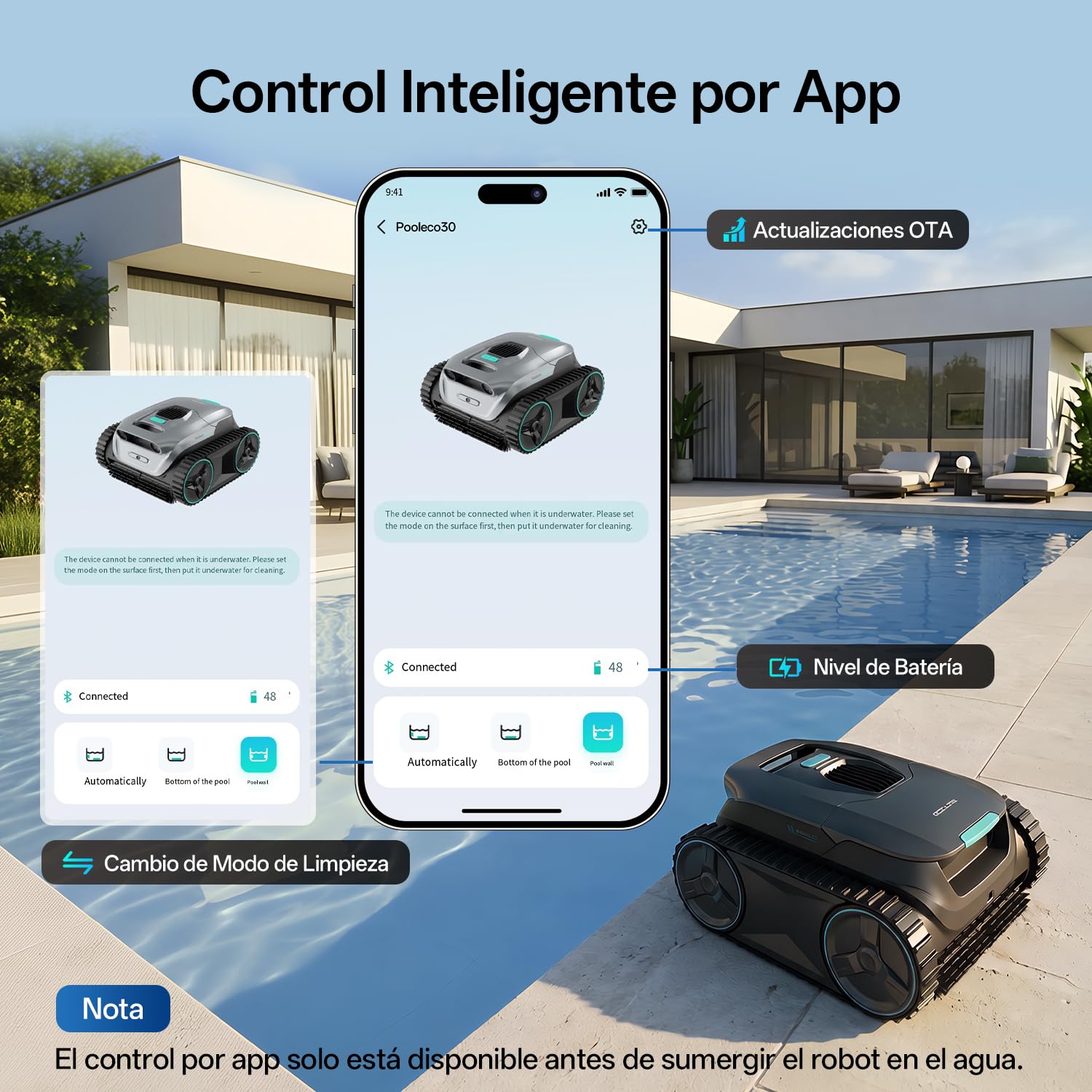 Ultenic Robot Piscina Limpiafondos y Paredes, Línea, Navegación S&N App | Limpieza Fondo/Paredes/Línea, 180min/150㎡, Autoaparcamineto, Filtro 180μm 3.5L, Control App, Automático y Inalámbrico